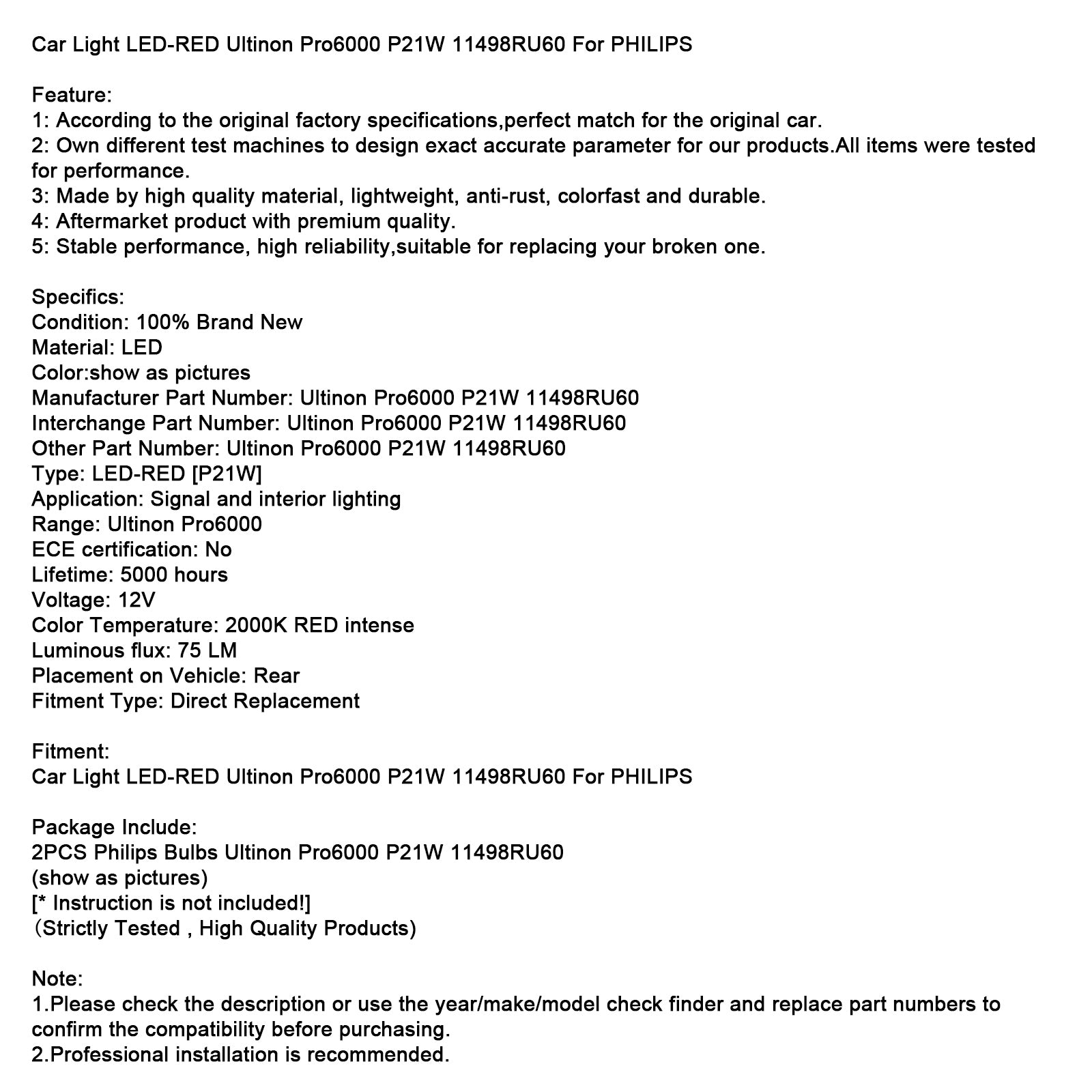 Bil Light LED-Red Ultinon Pro6000 P21W 11498RU60 för Philips