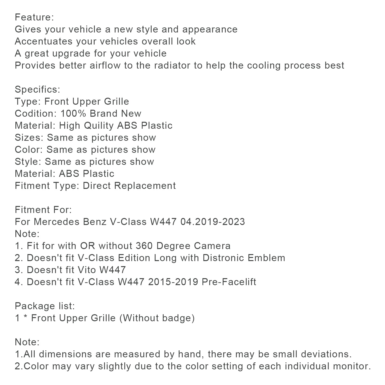 04.2019-2023 V-KlasseW447 Mercedes Benz Voorste Bovenste Grille Grille