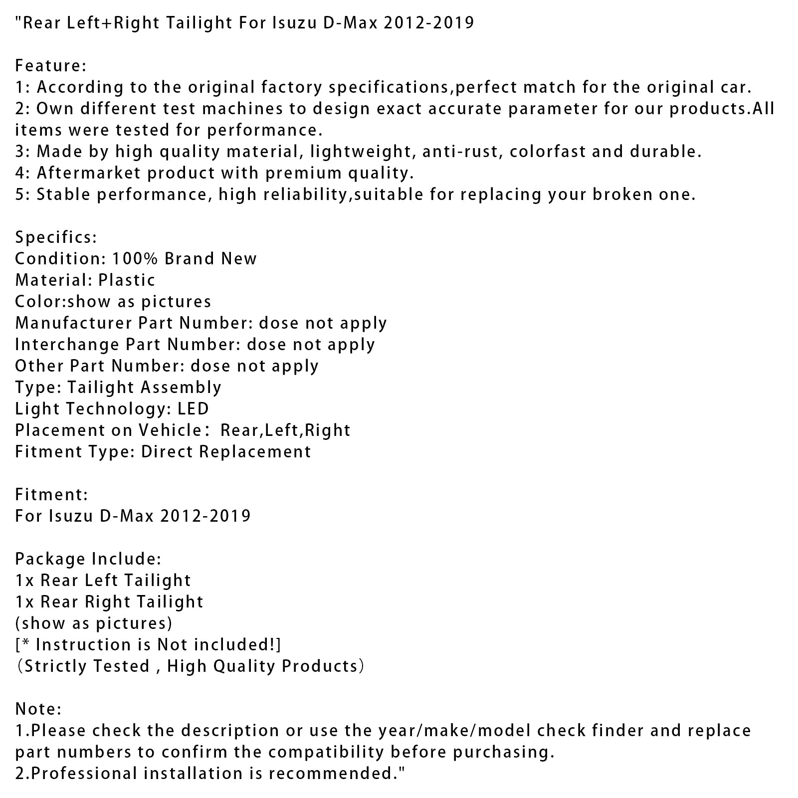 Arrière gauche + tai-tir droite pour Isuzu D-MAX 2012-2019