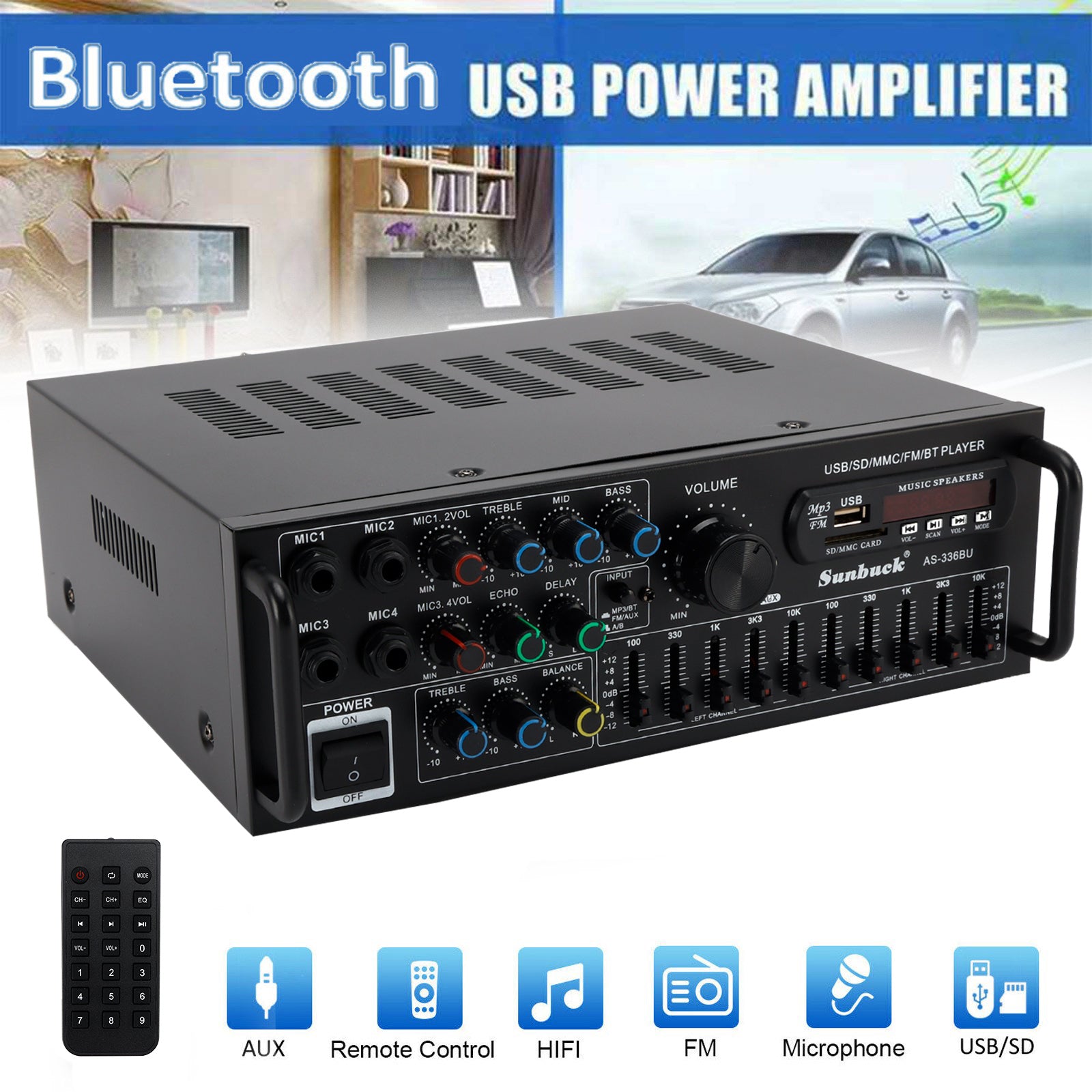 Bluetooth 5.0 HiFi Sunbuck 2000W Stereo Power Amplifier Karaoke FM USB SD AUX