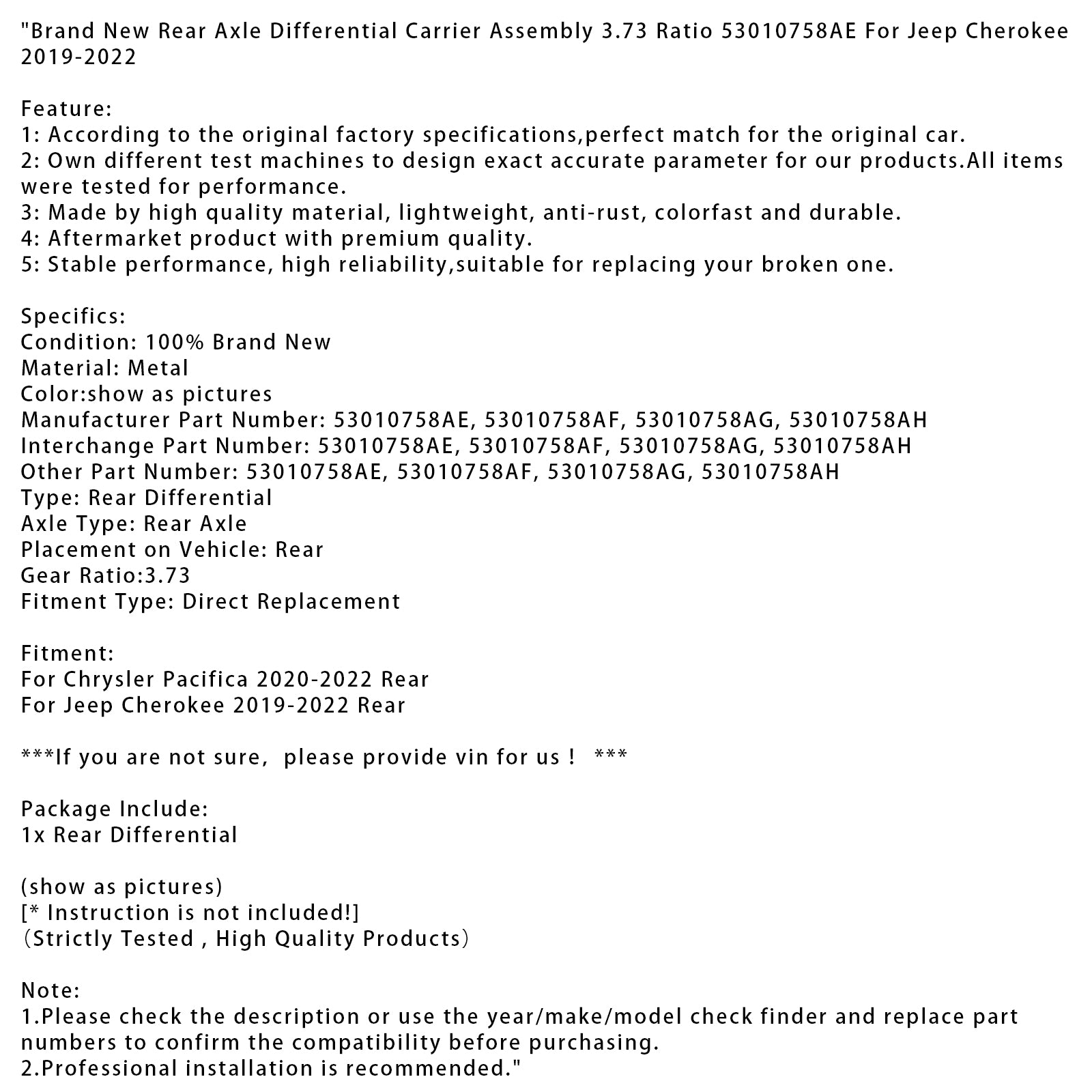 2019-2022 Jeep Cherokee Zadný úplne nový pomer diferenciálu zadnej nápravy 3,73 pomer