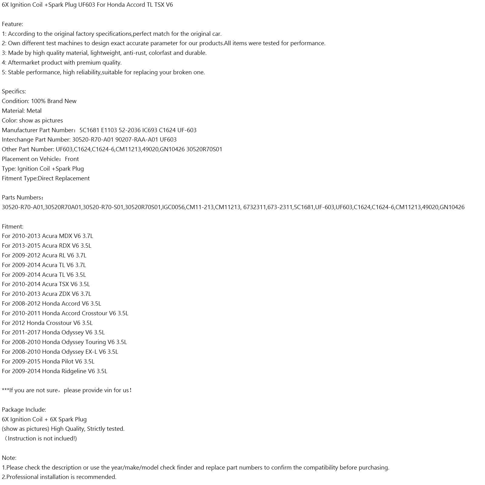 2013-2015 Acura RDX V6 3.5L Ignition Coil +Spark Plug UF603 5C1681 6Pcs