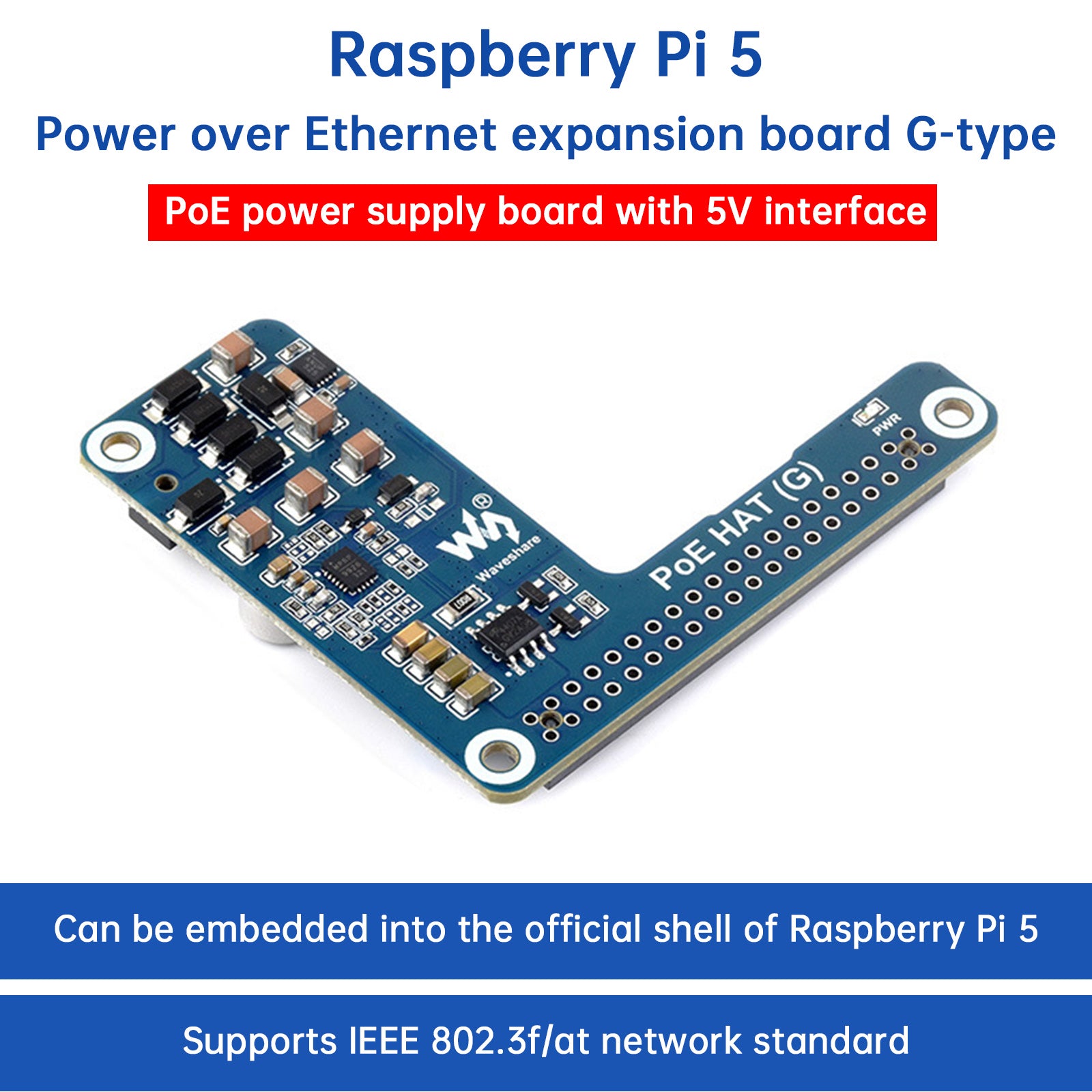 Raspberry Pi 5 Ethernet-uitbreidingskaart PoE-voedingsmodule 802.3af/at