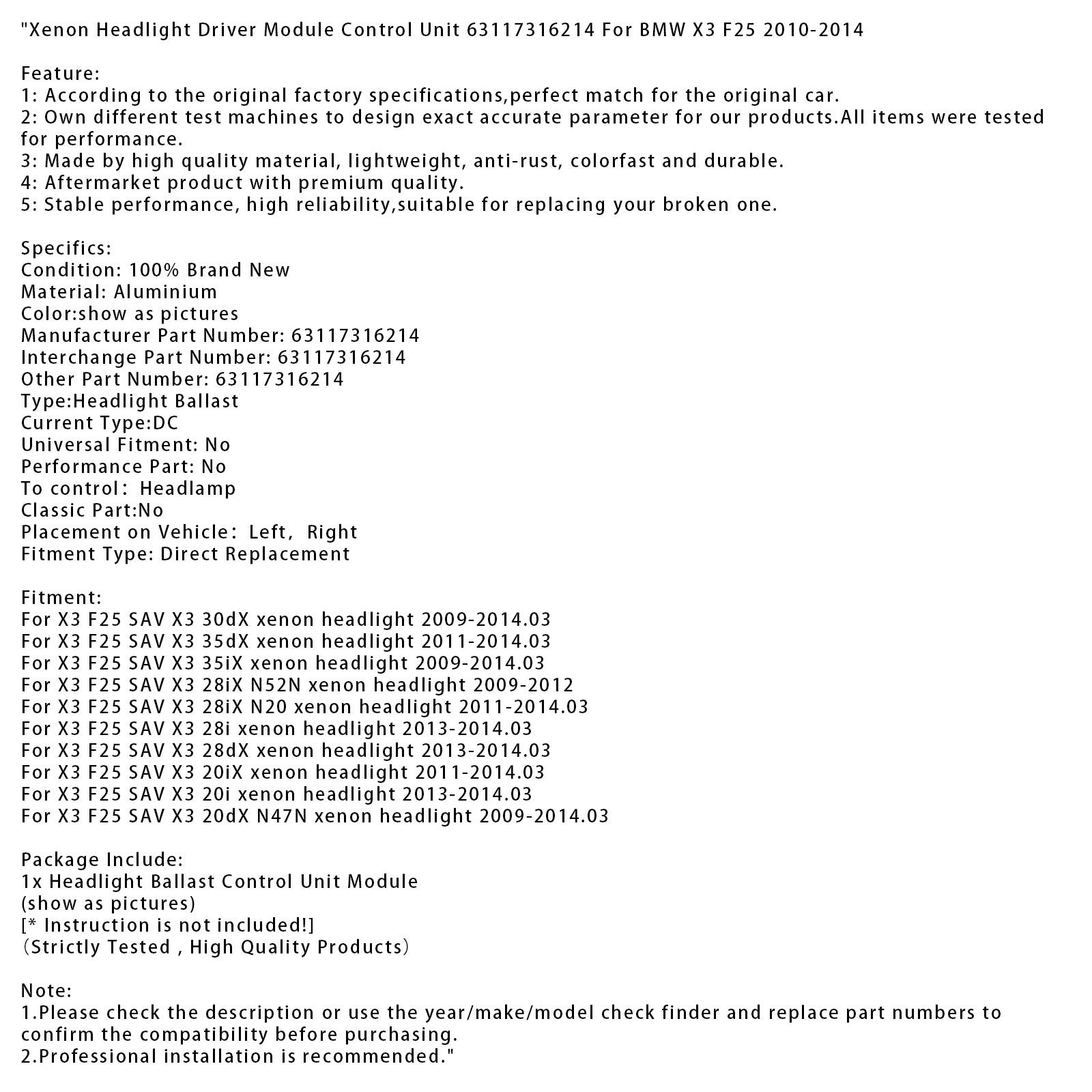 2011-2014.03 BMW X3 F25 SAV X3 20iX xenon koplamp Driver Module Regeleenheid 63117316214