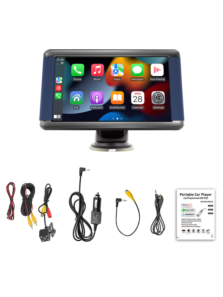 Lecteur MP5 de voiture portable 7 pouces, moniteur Bluetooth, Carplay sans fil + 4 caméras LED