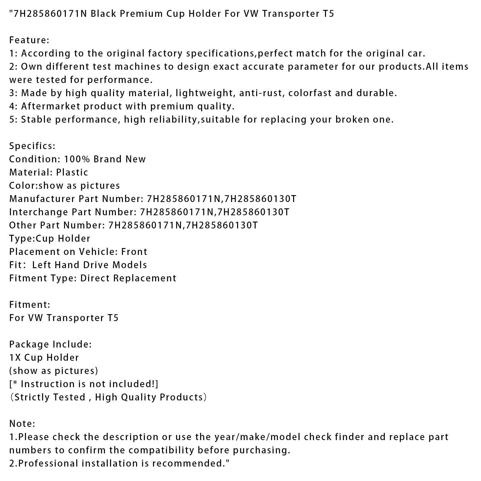 VW Transporter T5 Zwart Premium Bekerhouder 7H285860171N