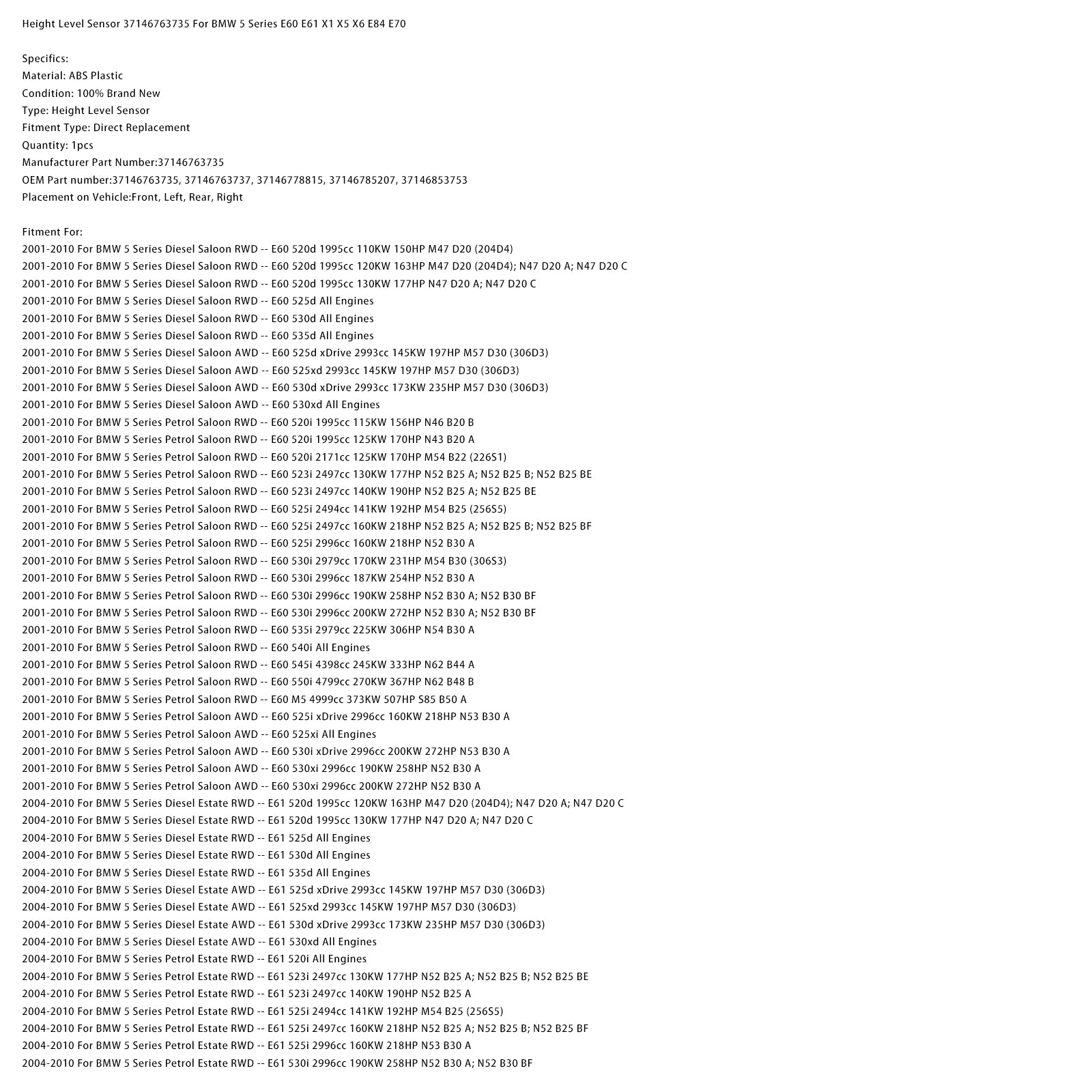 Height Level Sensor 37146763735 For BMW 5 Series E60 E61 X1 X5 X6 E84 E70