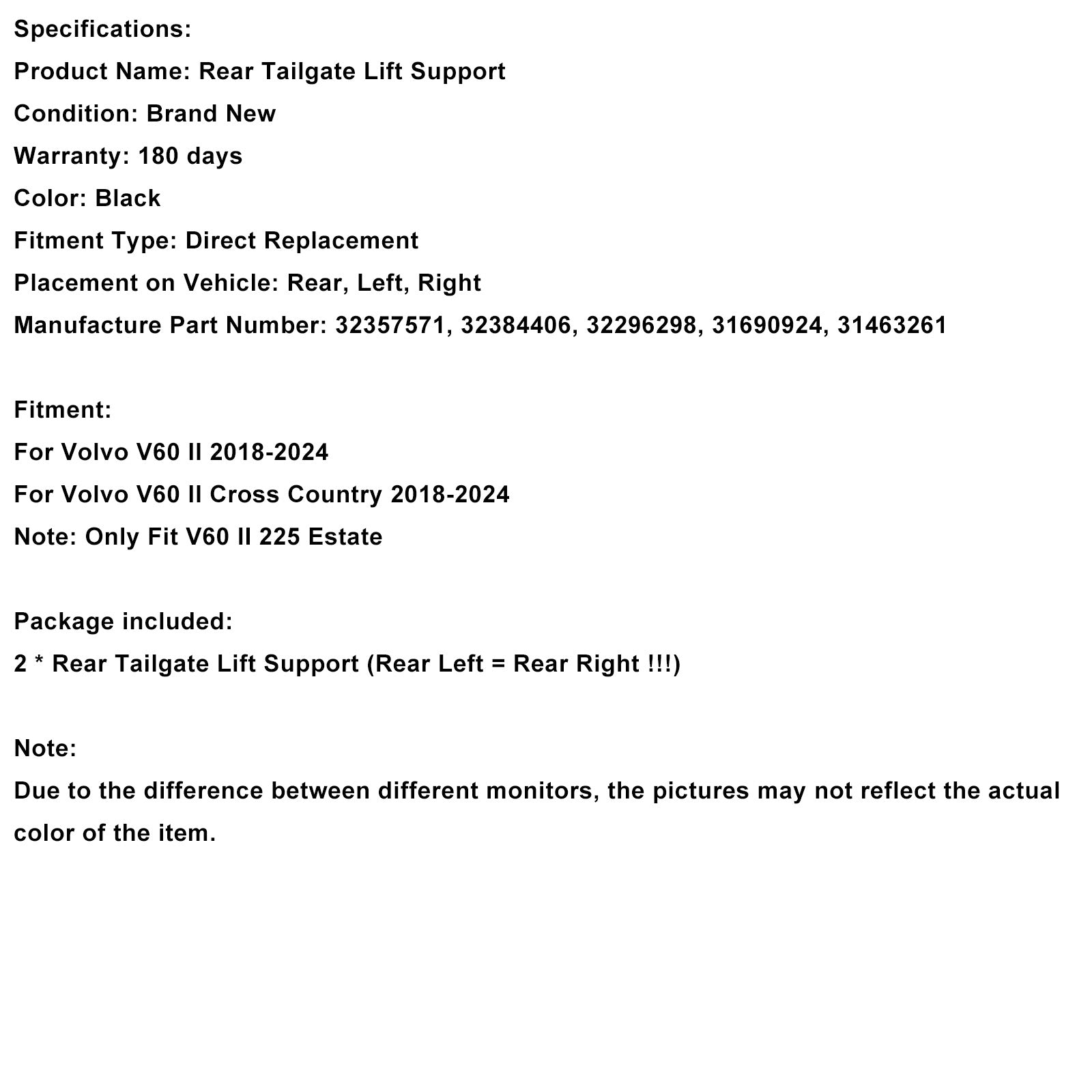 2018-2024 Volvo V60 II Cross Country 2PCS Electric Tailgate Lift Gas Strut 32357571