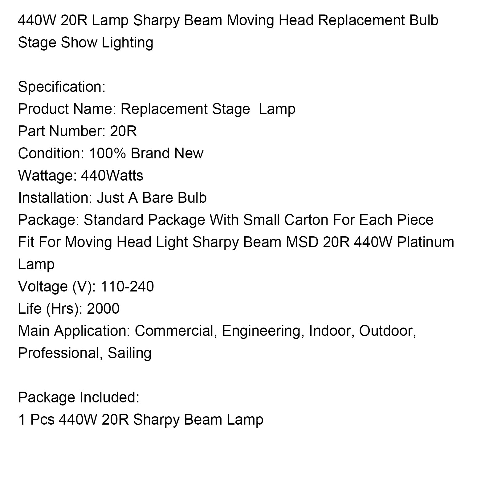 MSD 20R 440W lampe Sharpy faisceau tête mobile ampoule de remplacement éclairage de spectacle de scène