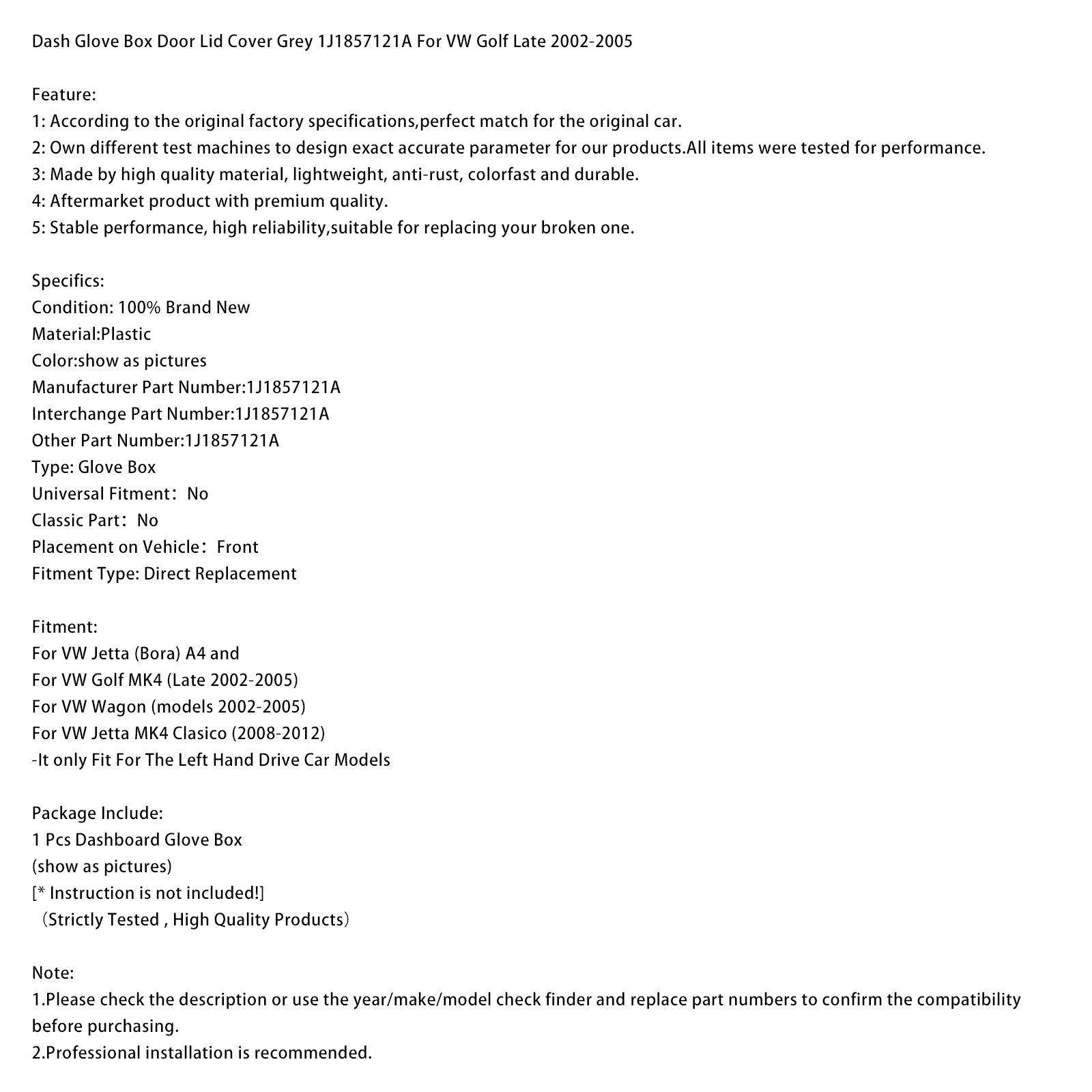 Dash Glove Box Door Lid Cover Grey 1J1857121A For VW Golf Late 2002-2005