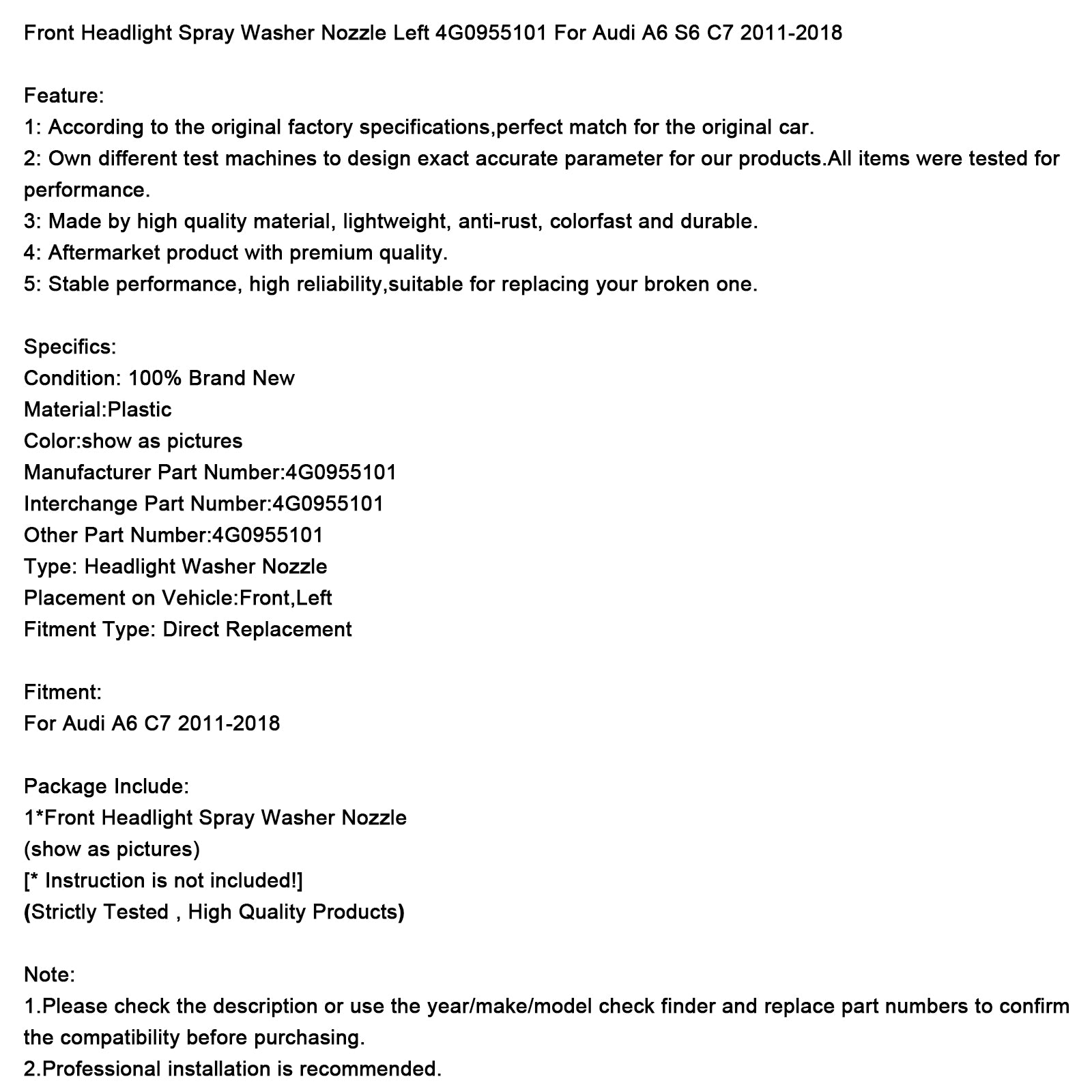 2011-2018 Audi A6 C7 Front Headlight Spray Washer Nozzle Left 4G0955101