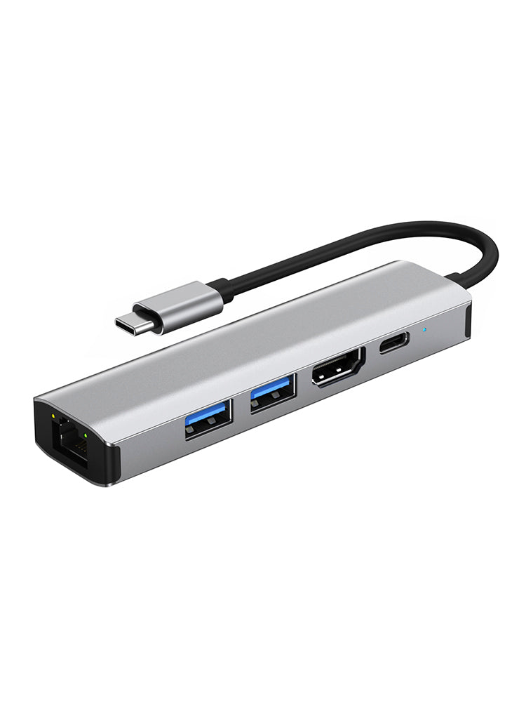 5 en 1 TYPE-C a USB3.0*1+USB2.0*1+PD100W/USB-C Data+HDMI+100M Tarjeta de red iPad