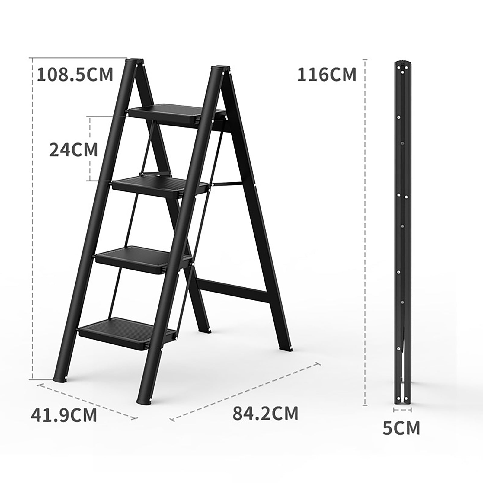 Stepladder, 4 Tiers, Foldable, Aluminum, Wide, Lightweight, Compact, Ladder