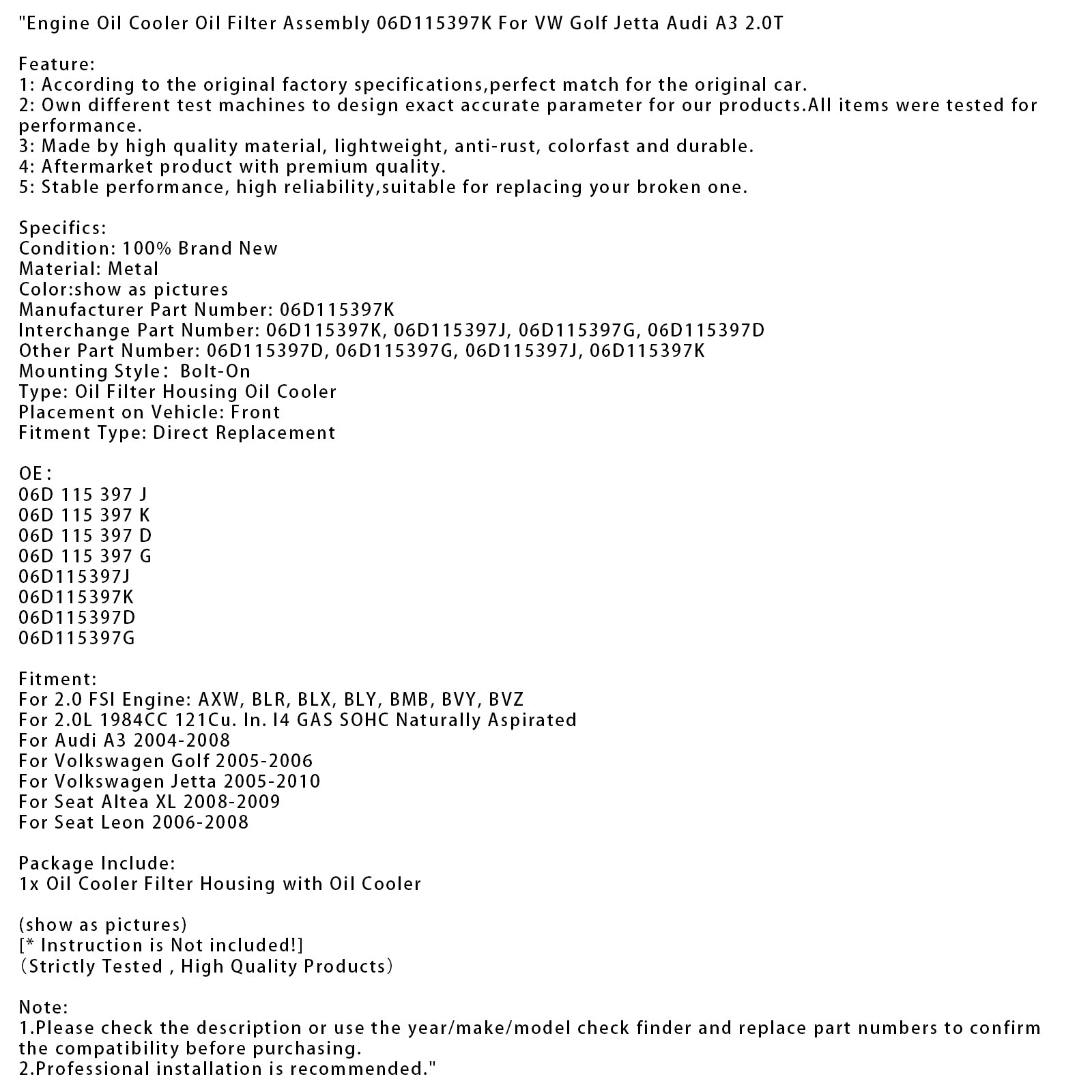 2008-2009 Seat Altea XL Motoroliekoeler Oliefilterconstructie 06D115397K 06D115397J