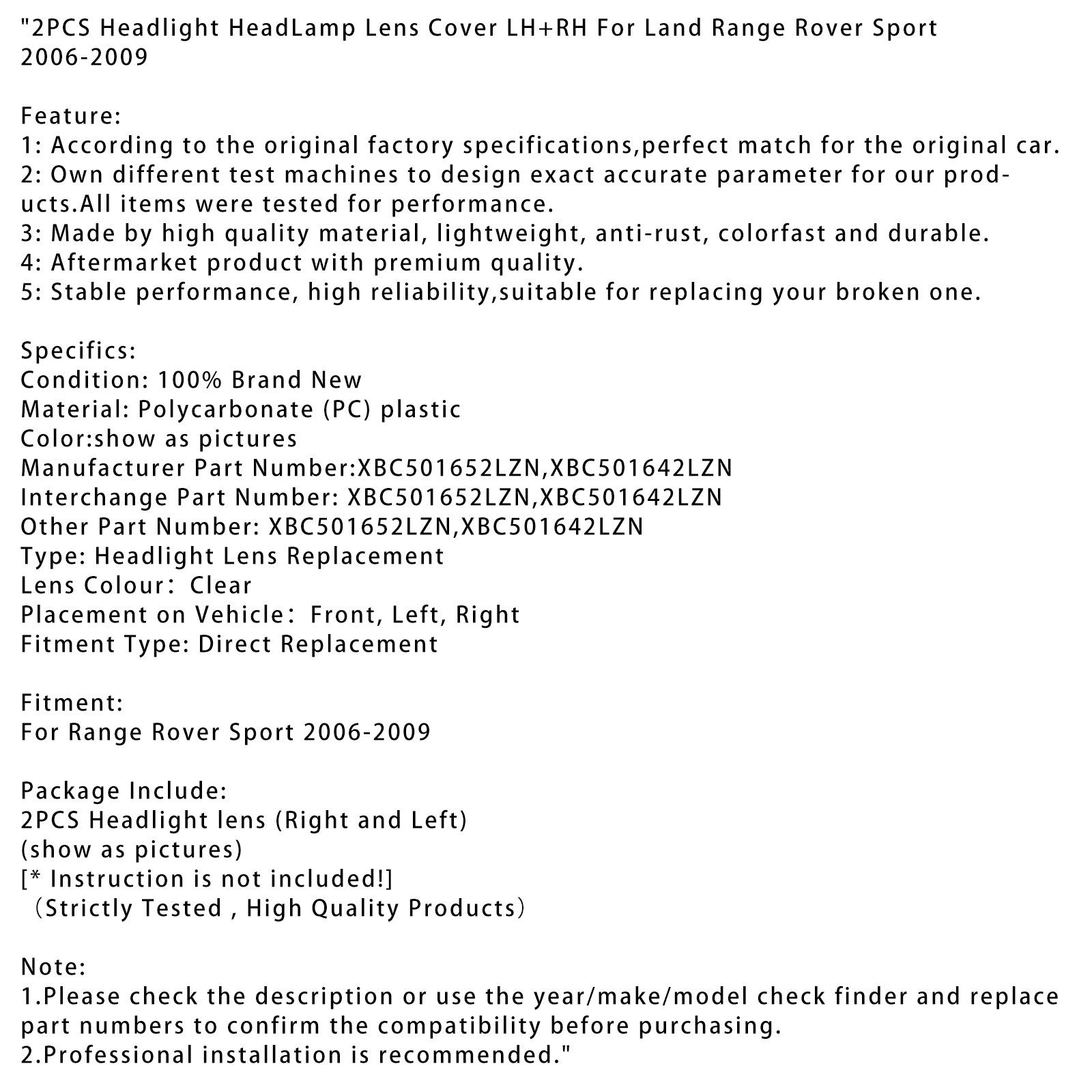 2006-2009 Land Range Rover Sport 2PCS Farol da lente do farol da lente LH+RH