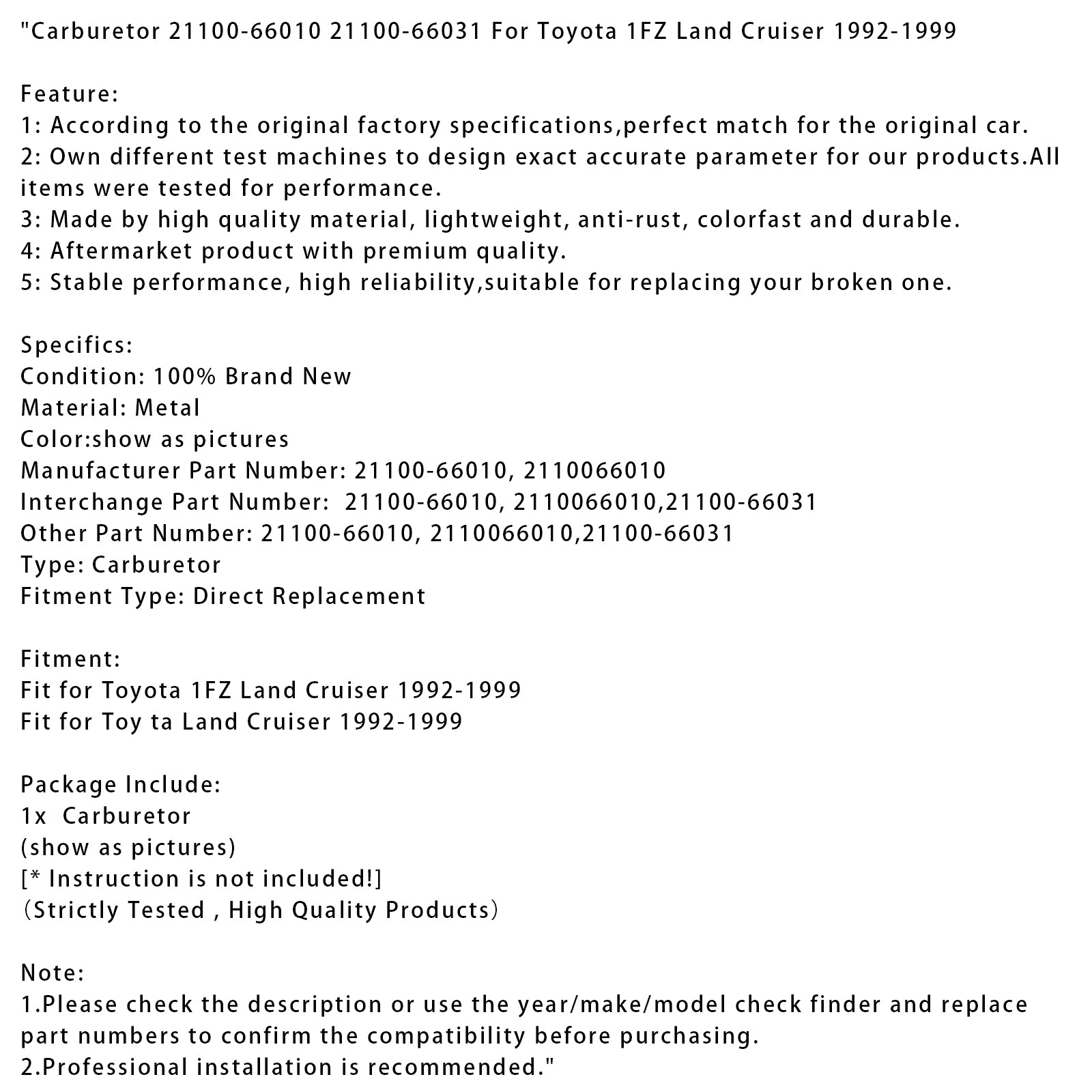 1992-1999 Toyota 1FZ Land Cruiser Carburateur 21100-66010 21100-66031