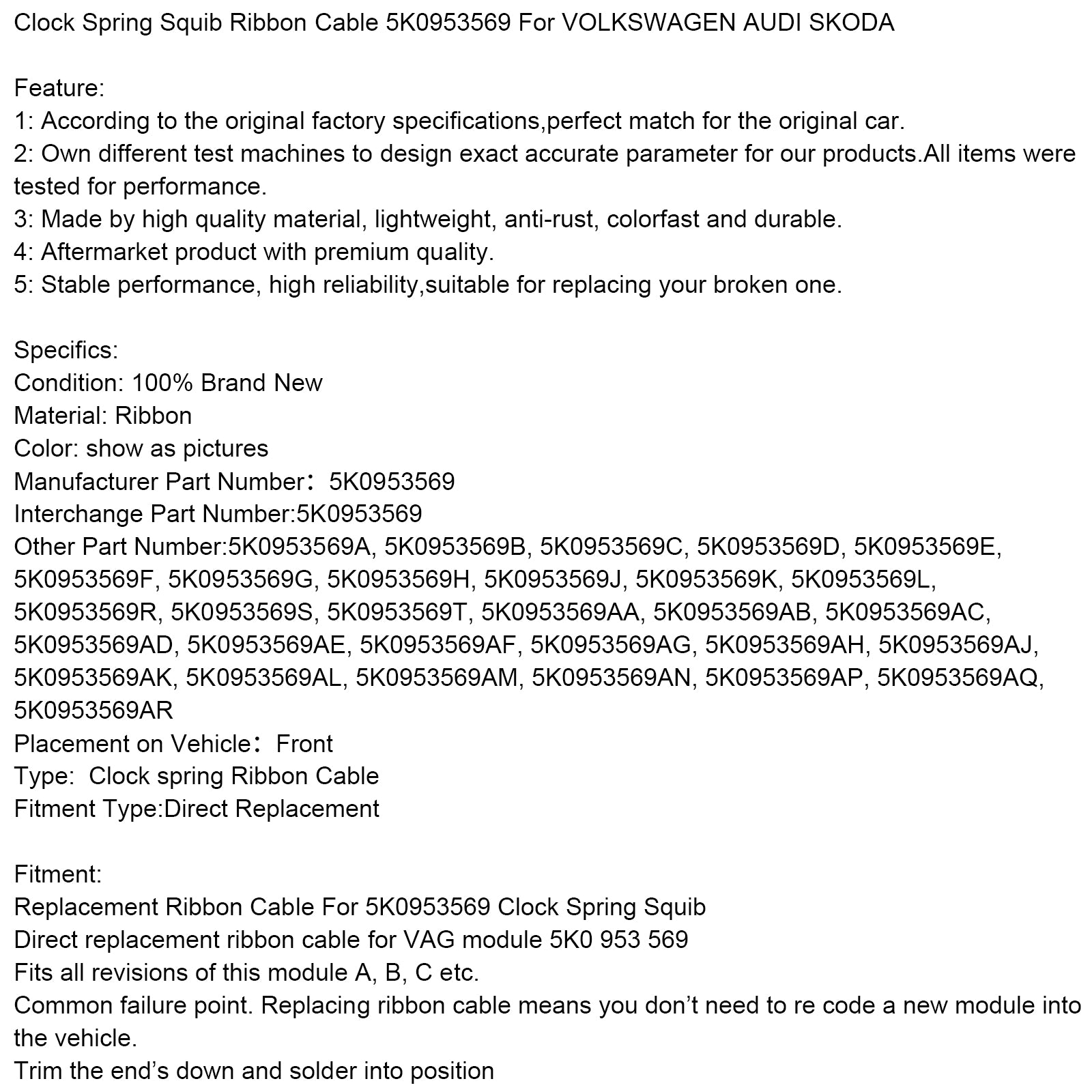 VOLKSWAGEN AUDI SKODA Clock Spring Squib Ribbon Cable 5K0953569