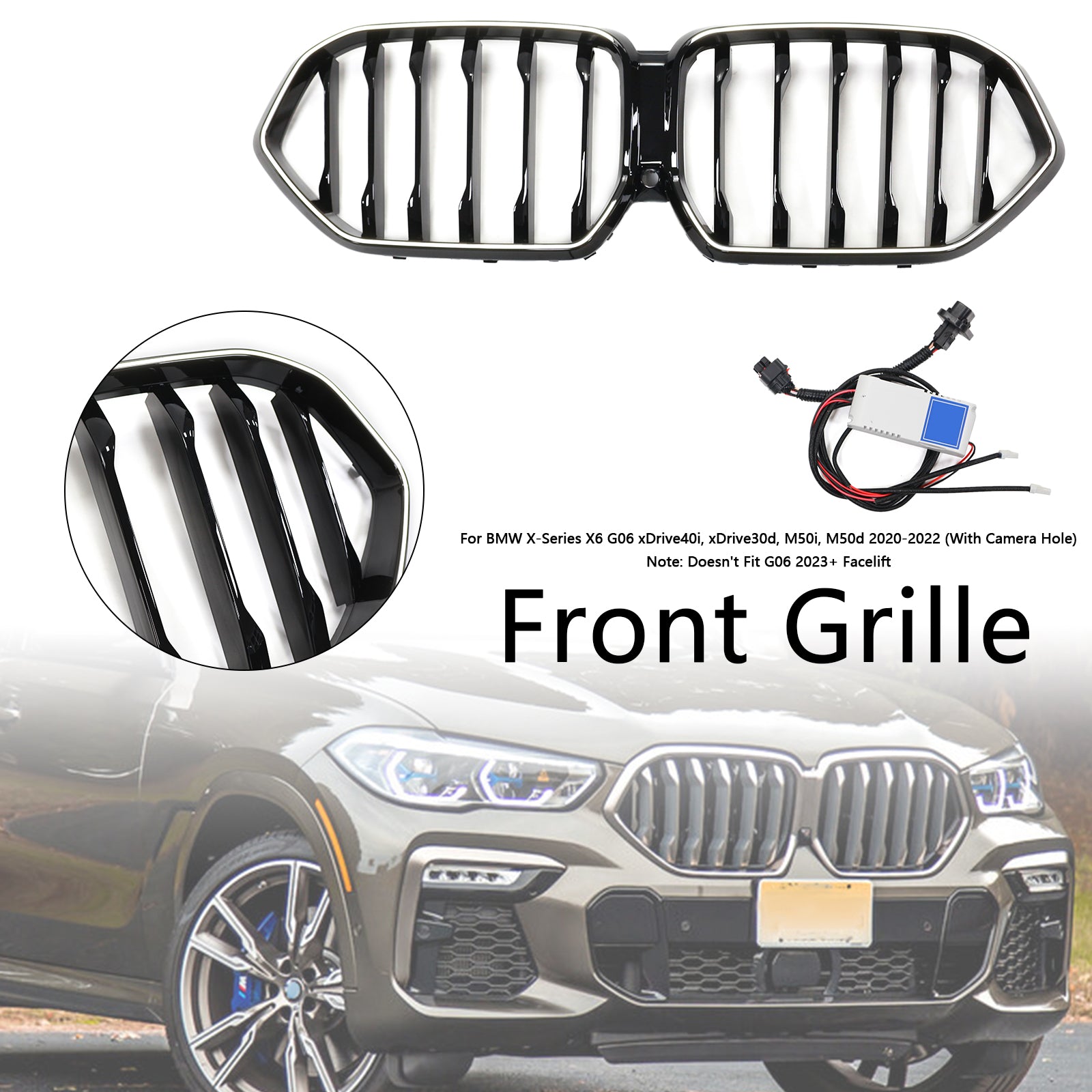 2020-2022 BMW X6 G06 M50I W/Camera Hole Black Front Bumper Grill Grill