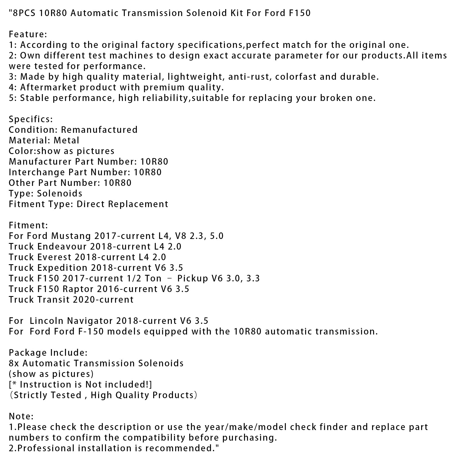 8PCS 10R80 Automatic Transmission Solenoid Kit For Ford F150