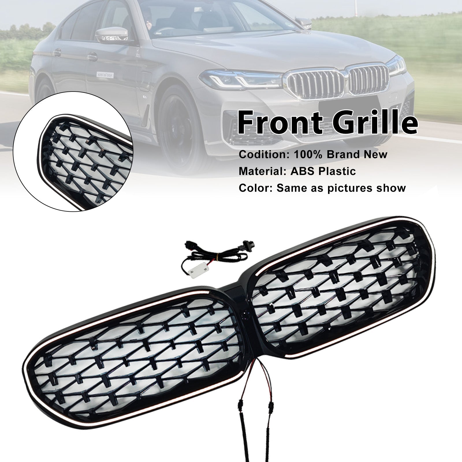 Diamond Front Kidney Grill Grille Fit BMW 5 Series G30 G38 2021-2024 Black