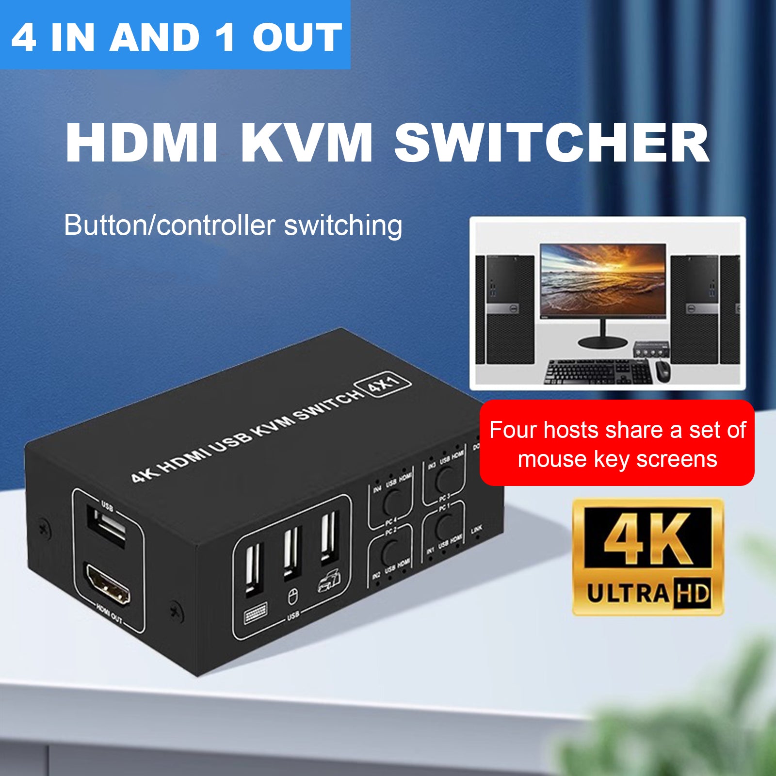 Le convertisseur de canaux quatre à un, commutateur HDMI KVM, prend en charge BLKVM PIKVM