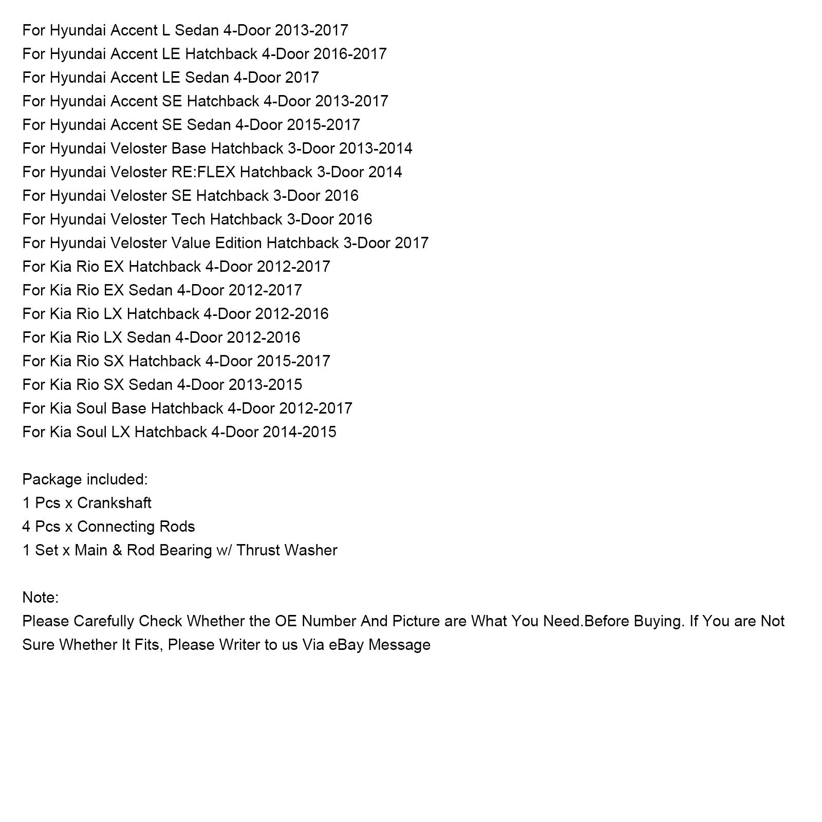 Bielles de vilebrequin pour Hyundai Accent SE Hatchback 4 portes 1,6 L 2013-2017 & Jeu de roulements 231102B610