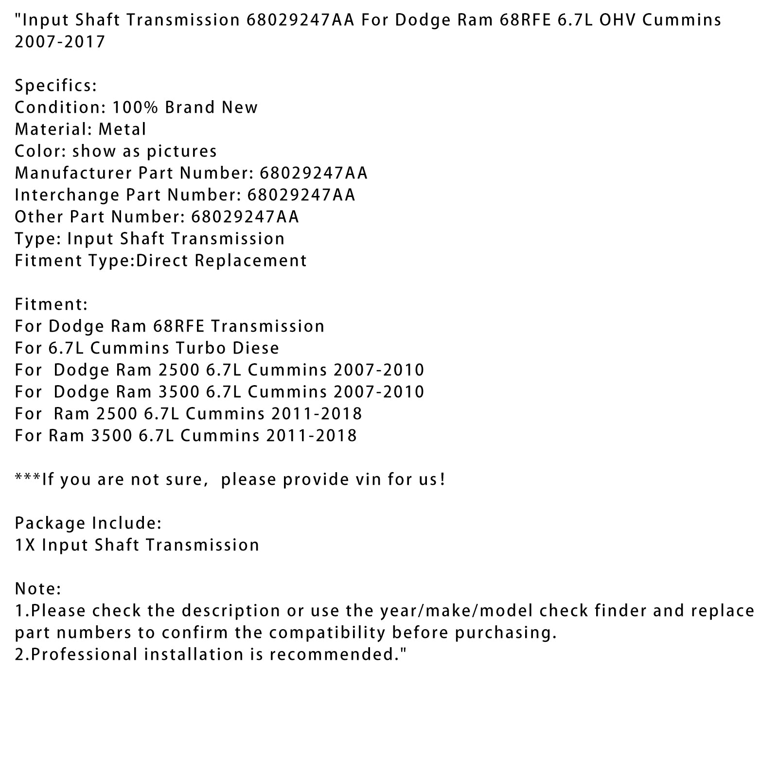 Vstupný prenos hriadeľa 68029247AA pre Dodge Ram 68rfe 6.7l OHV Cummins 07-17