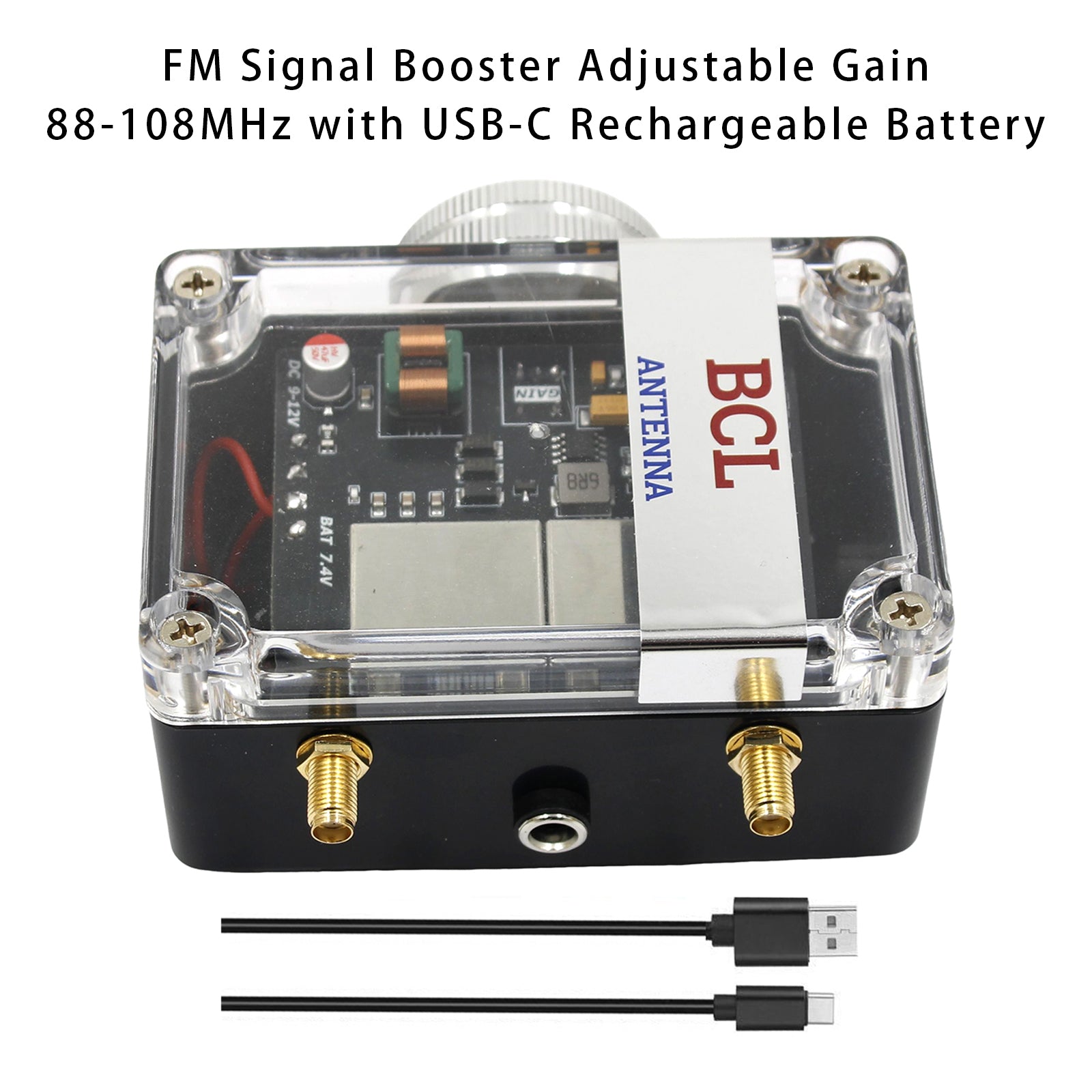 FM Signal Booster Adjustable Gain 88-108MHz with USB-C Rechargeable Battery
