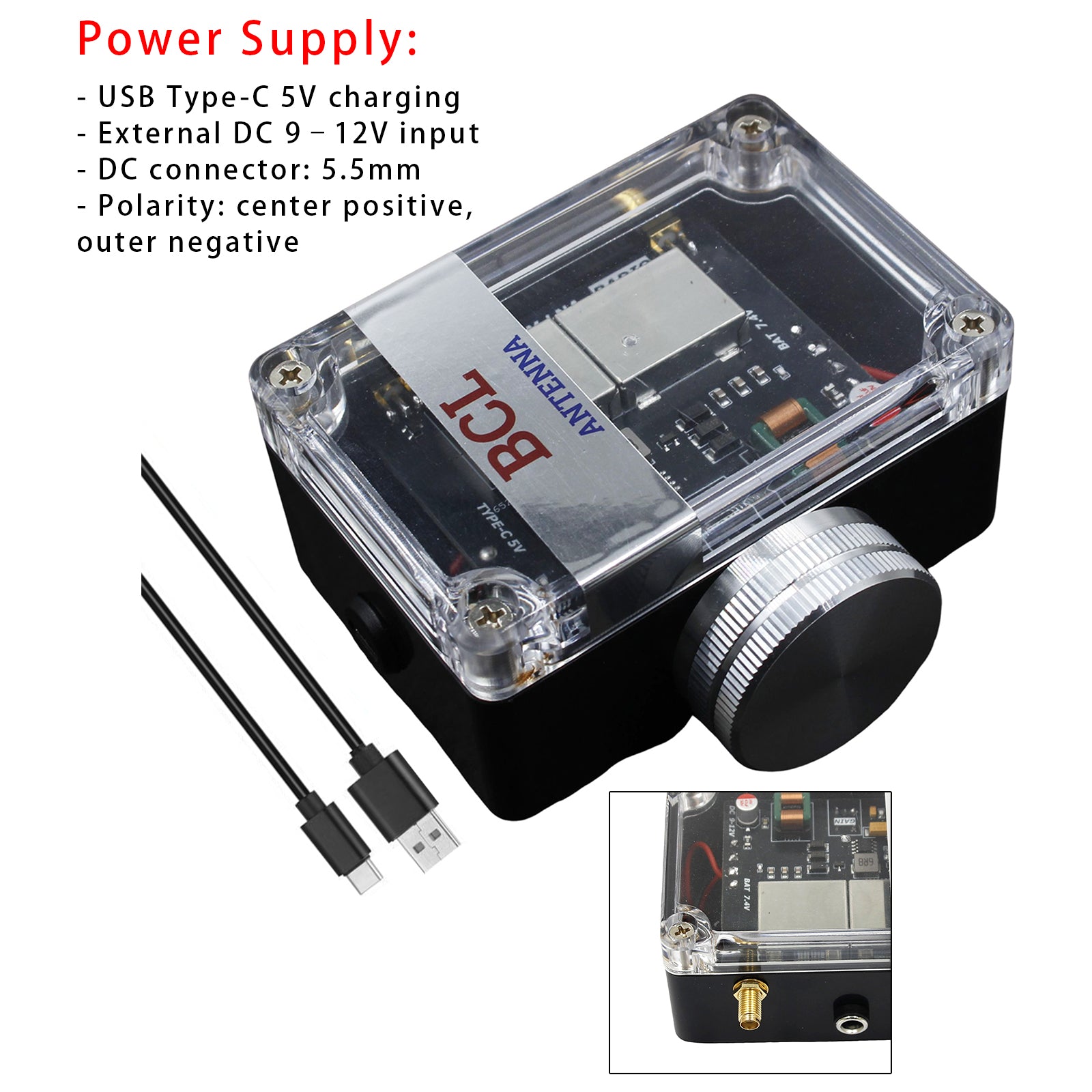 FM Signal Booster Adjustable Gain 88-108MHz with USB-C Rechargeable Battery