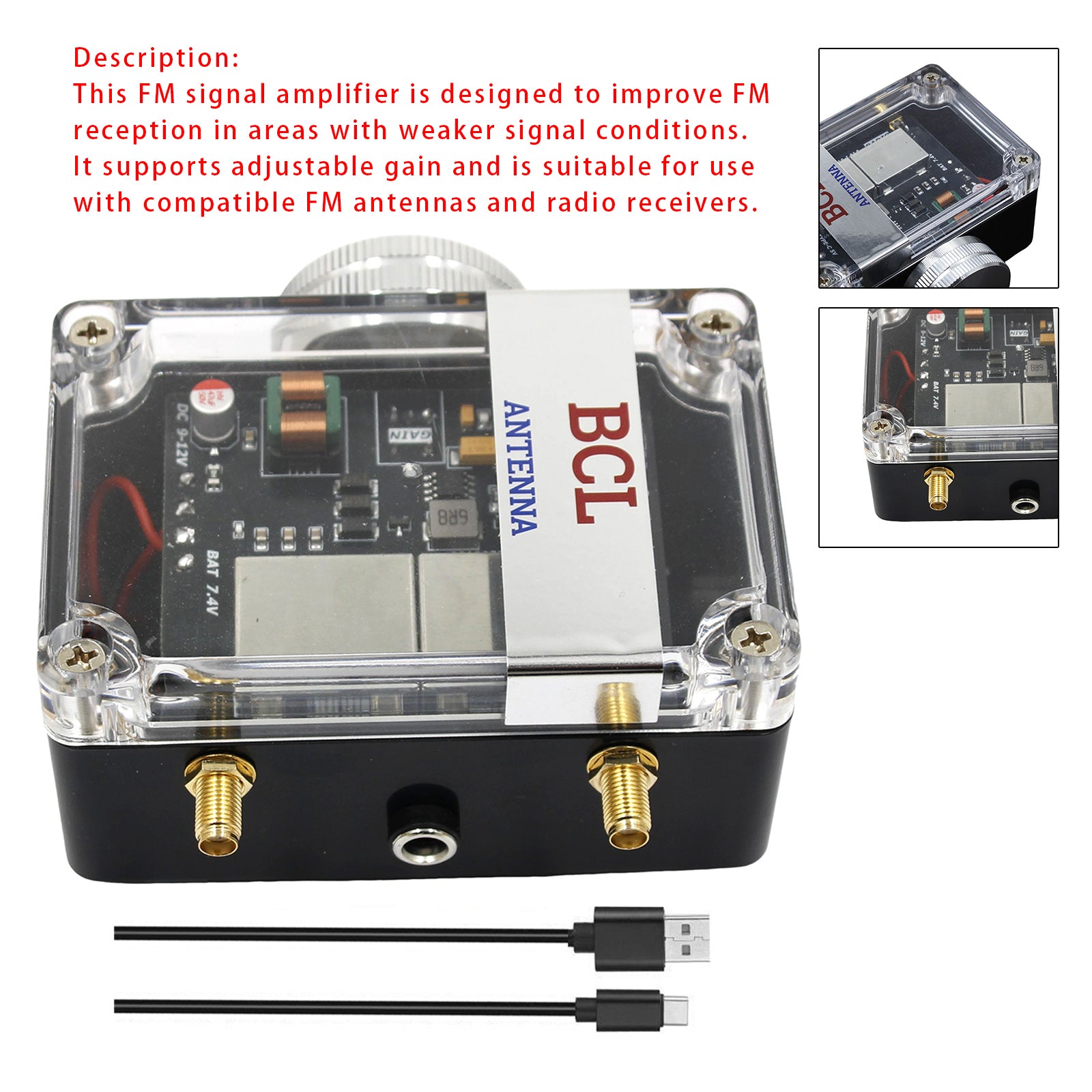 FM Signal Booster Adjustable Gain 88-108MHz with USB-C Rechargeable Battery