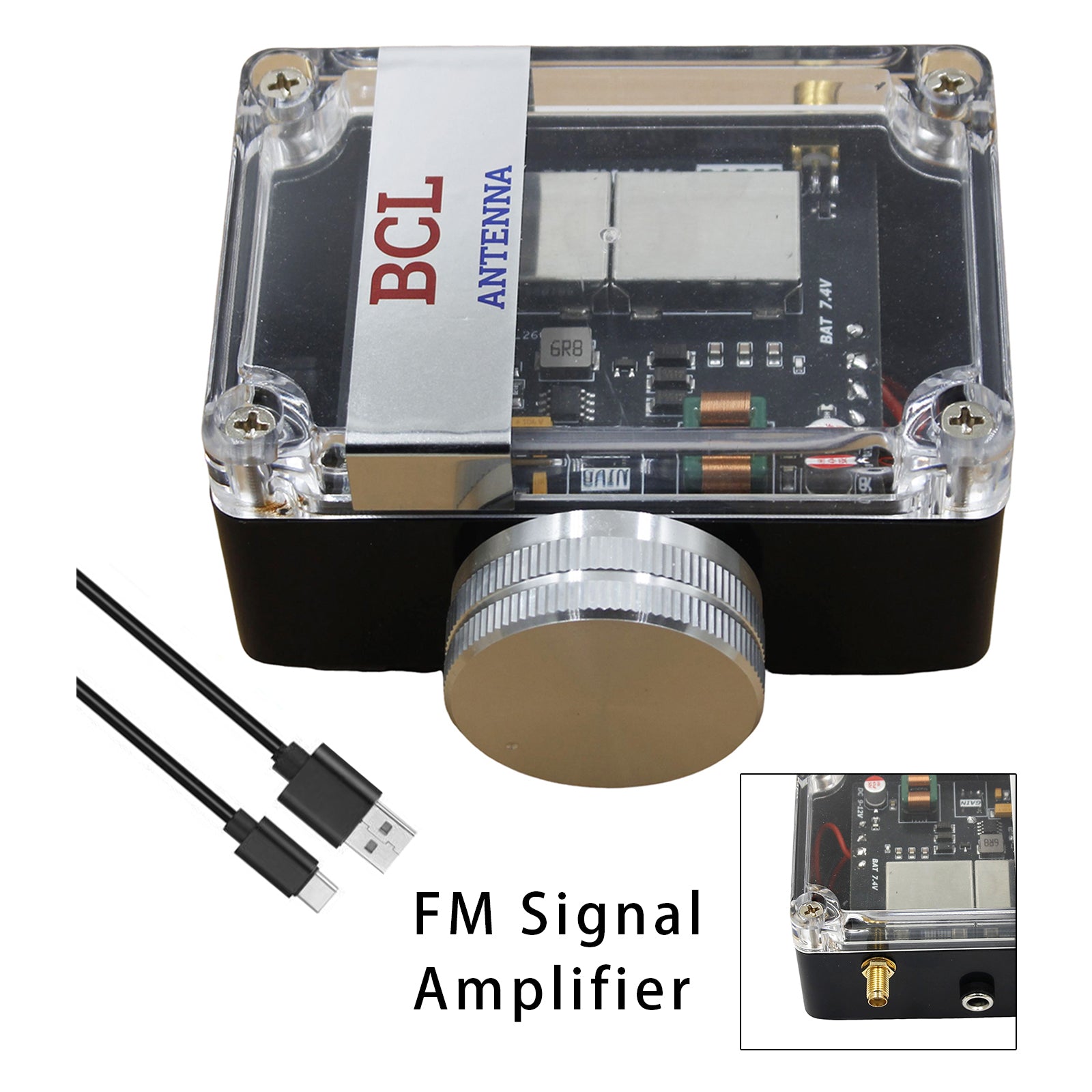 FM Signal Booster Adjustable Gain 88-108MHz with USB-C Rechargeable Battery