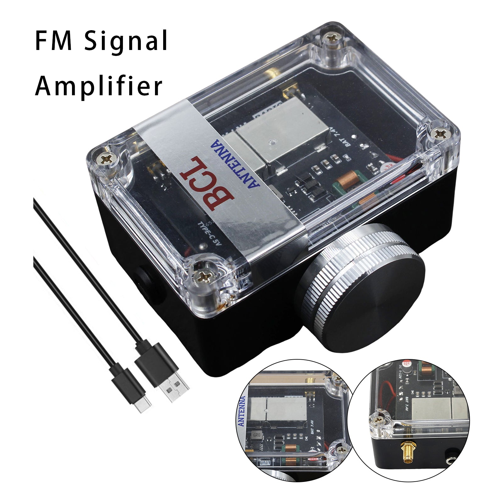 FM Signal Booster Adjustable Gain 88-108MHz with USB-C Rechargeable Battery