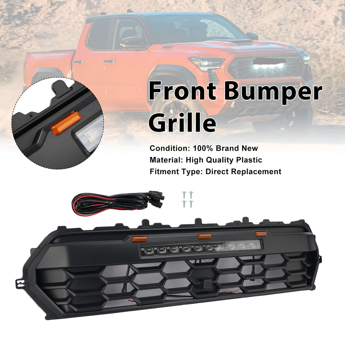 2024+ Toyota Tacoma svart främre stötfångargrill med LED & Ljusramp