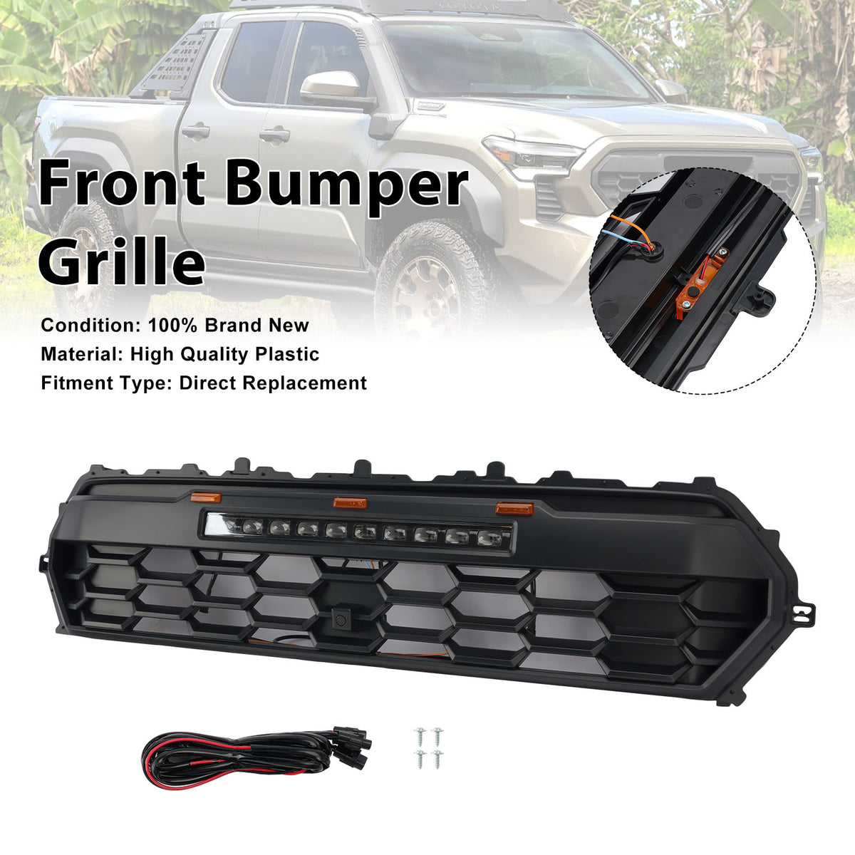 2024+ Toyota Tacoma svart främre stötfångargrill med LED & Ljusramp