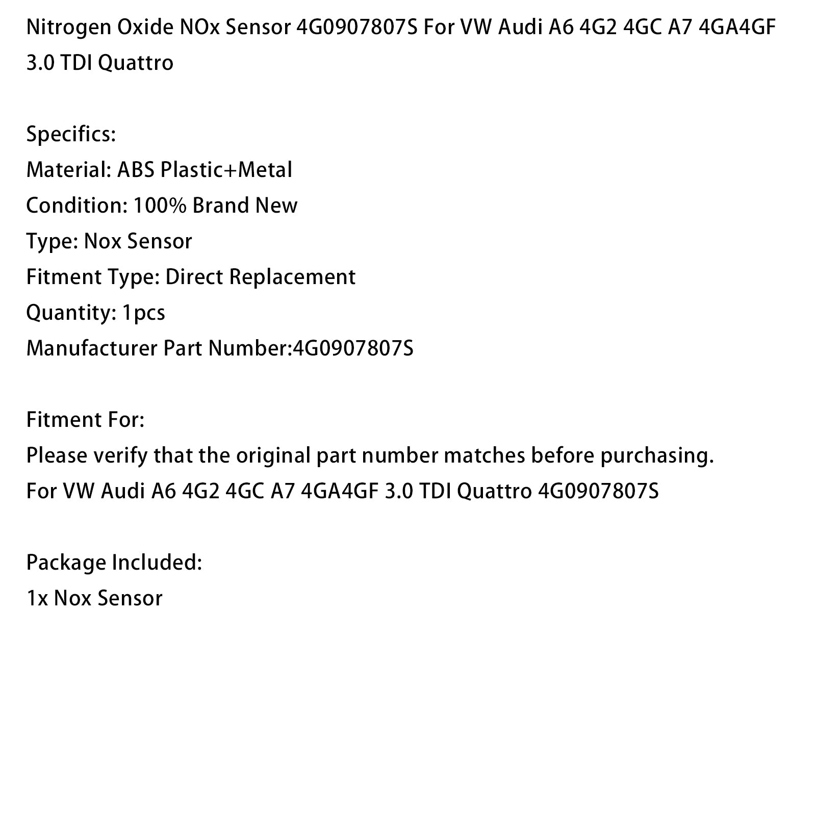 NOx Sensor 4G0907807S For VW Audi A6 4G2 4GC A7 4GA4GF 3.0 TDI Quattro
