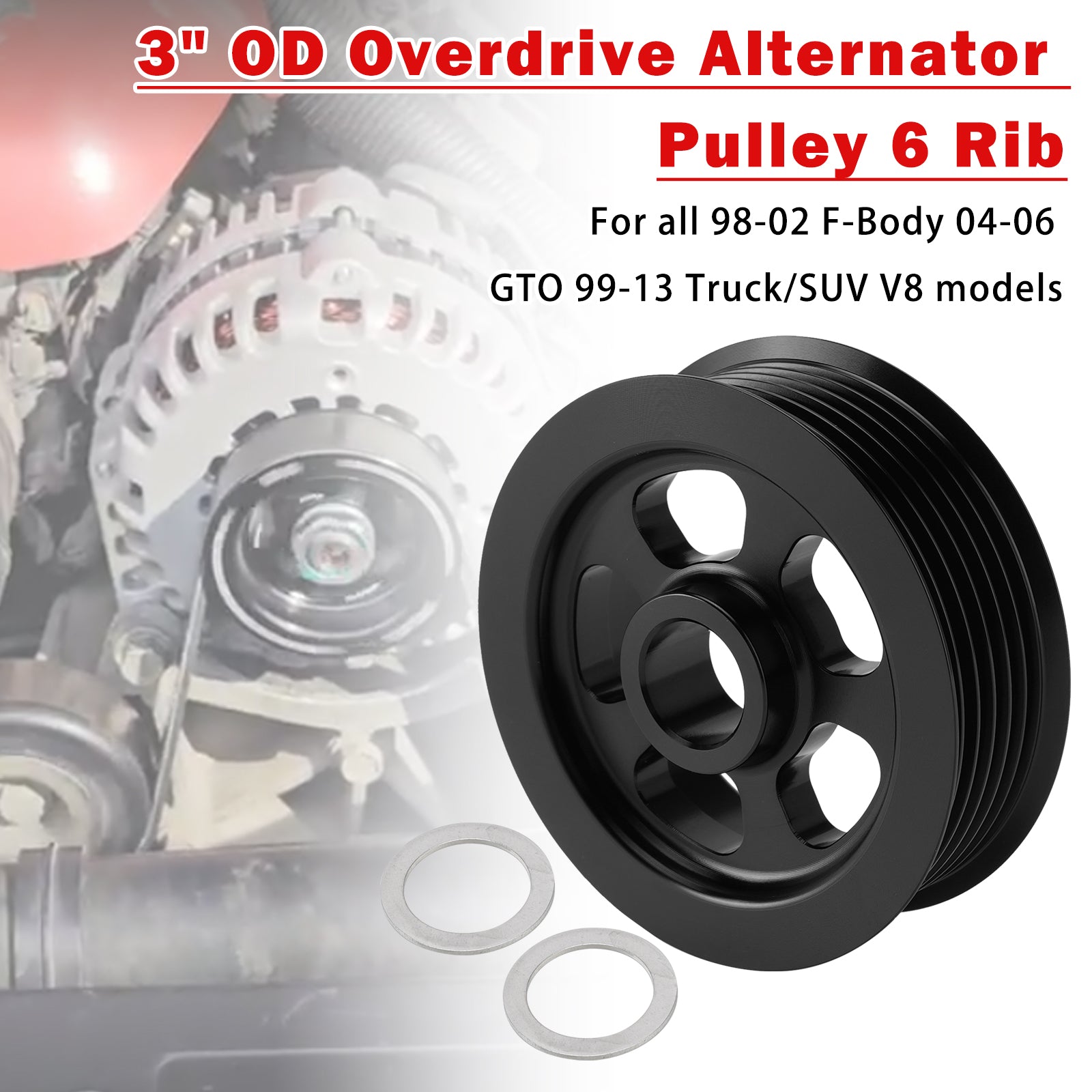 3" OD Overdrive Alternator Pulley 6 Rib Billet Aluminum For LS1 LS2 LS3 LS6
