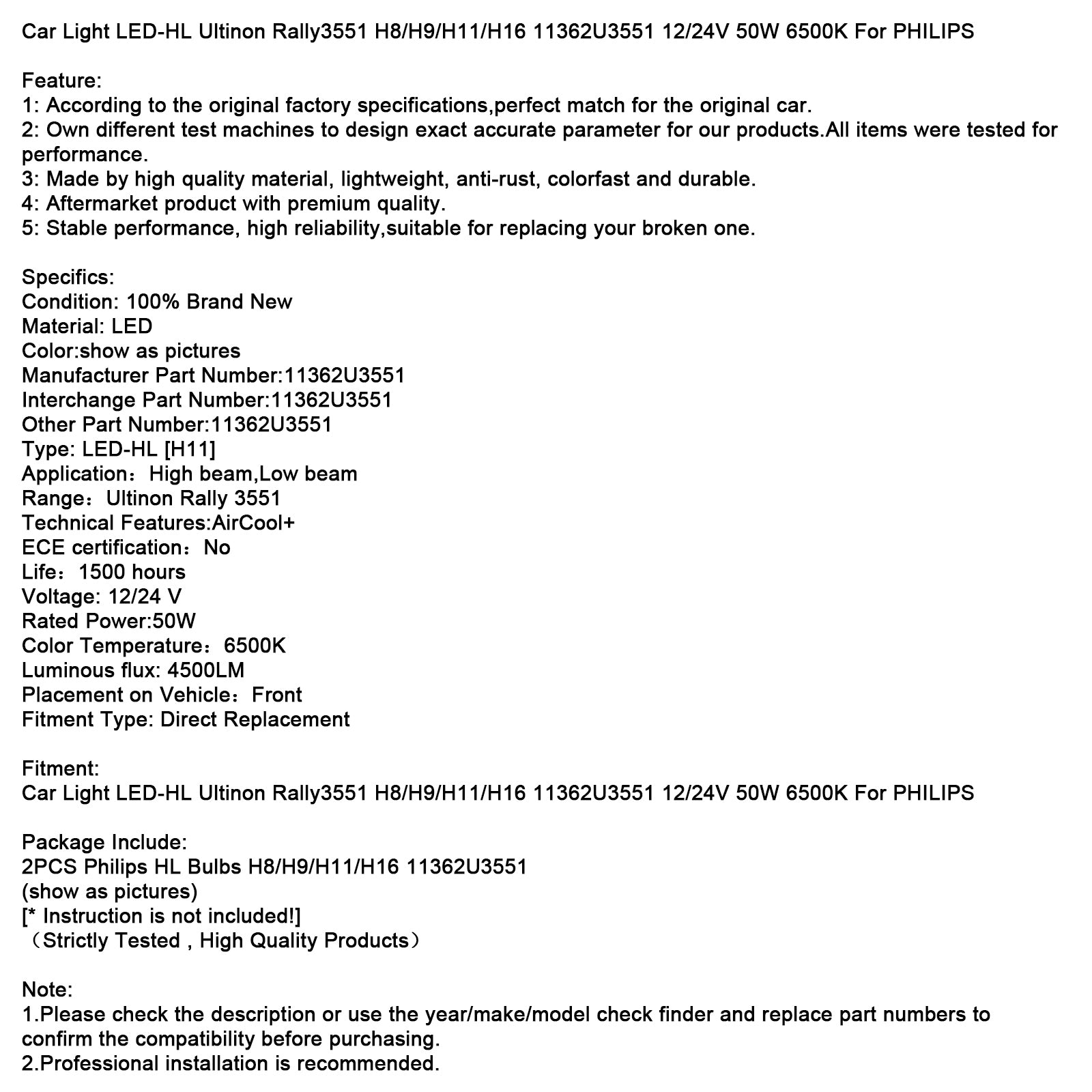 Automobil Led-Hl Ultinon Rally3551 H8/H9/H11/H16 12/24V 50W 6500K pre Philips