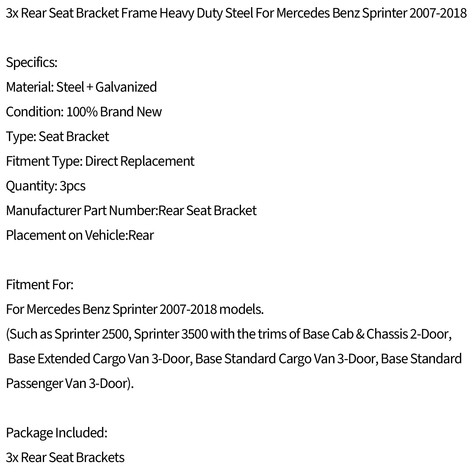 3x Rear Seat Bracket Frame Heavy Duty Steel For Benz Sprinter 2007-2018