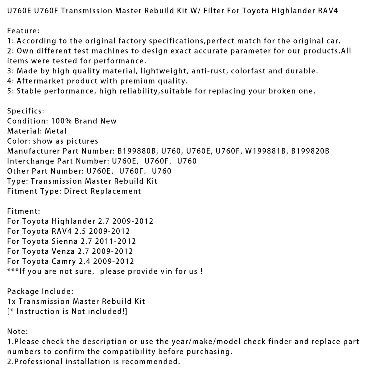 2009-2012 Toyota Camry 2.4 Transmission Master Rebuild Kit W Filter U760F U760E Generic