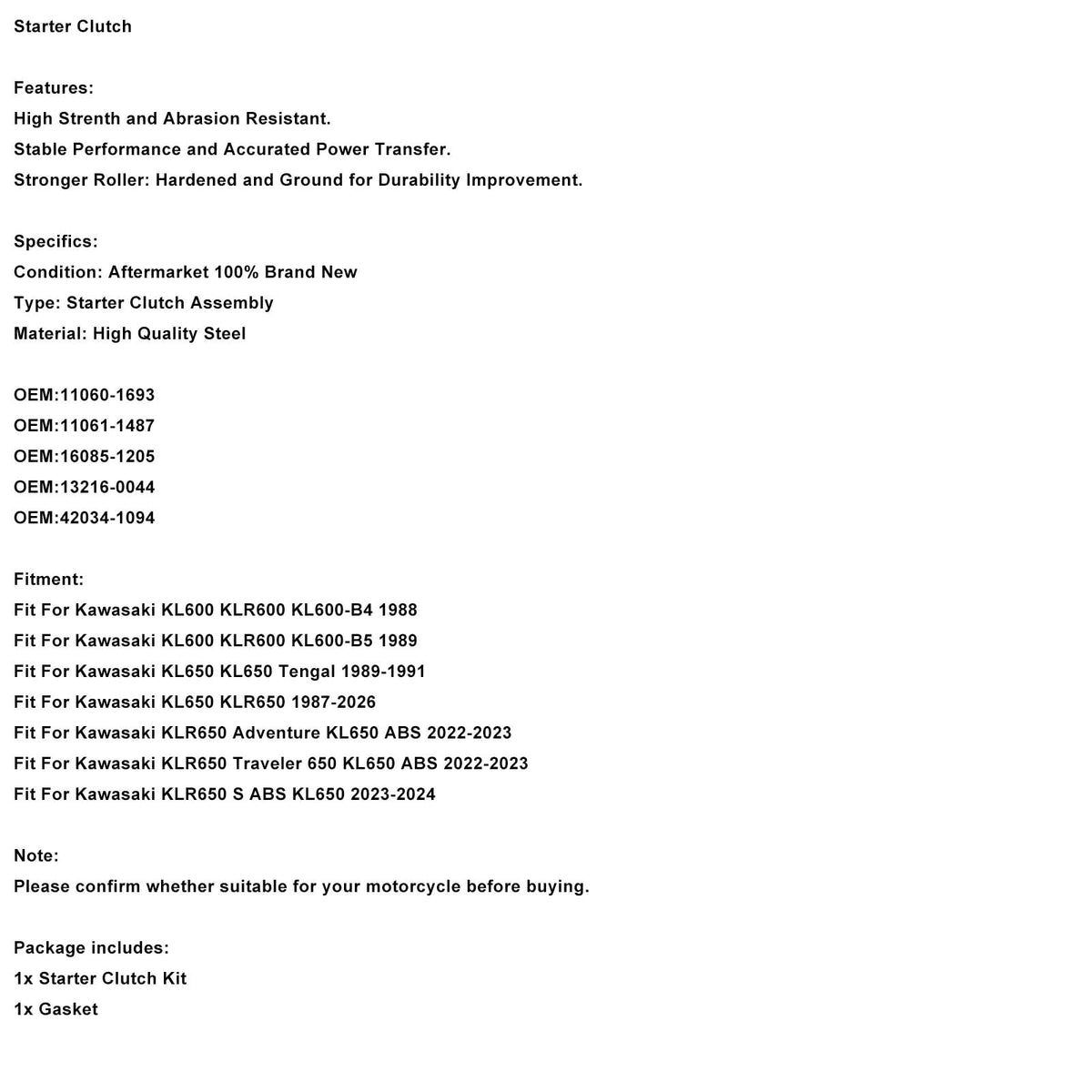 2022-2023 Kawasaki KLR650 Adventure KL650 ABS One Way Starter Clutch Kit Generic