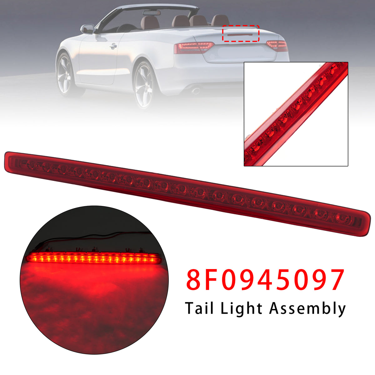 2009-2016 Audi A5 Cabriolet Rear Third 3Rd Brake Lamp Light Red 8F0945097 Generic