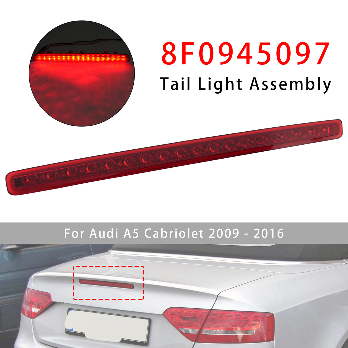 2009-2016 Audi A5 Cabriolet Rear Third 3Rd Brake Lamp Light Red 8F0945097 Generic
