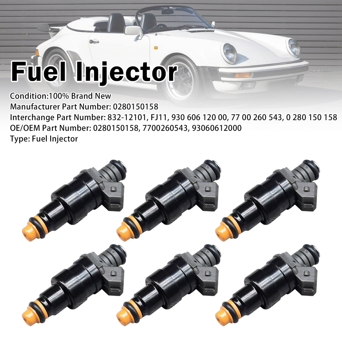 1984-1989 Porsche 911 Carrera 3.2L NA 6Pcs Fuel Injector 0280150158 930 606 120 00 Generic