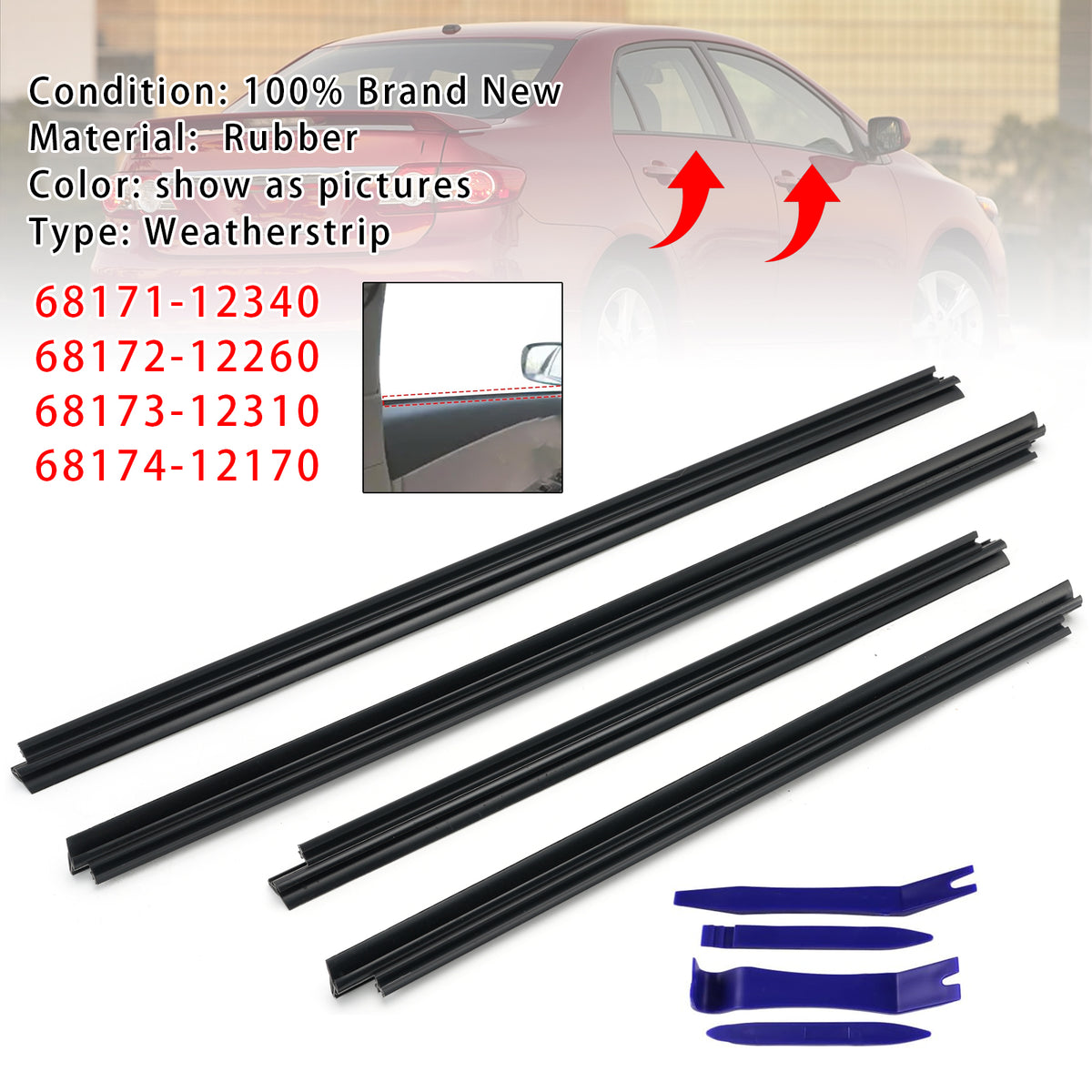 2009-2013 Toyota Corolla 4Pcs Inner Door Window Glass Weatherstrip 68173-12310 68171-12340 Generic