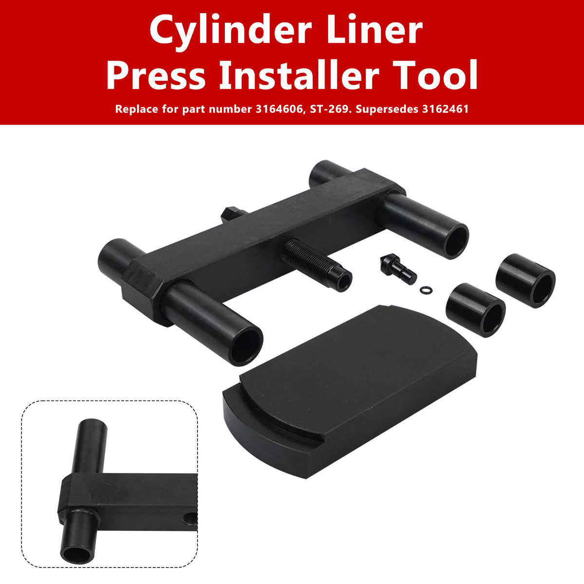 Cummins ISX, X15 Liner Press works on flat-top and grooved-top liners. Cylinder Liner Press Installer Tool 3162461 ST-269 Generic