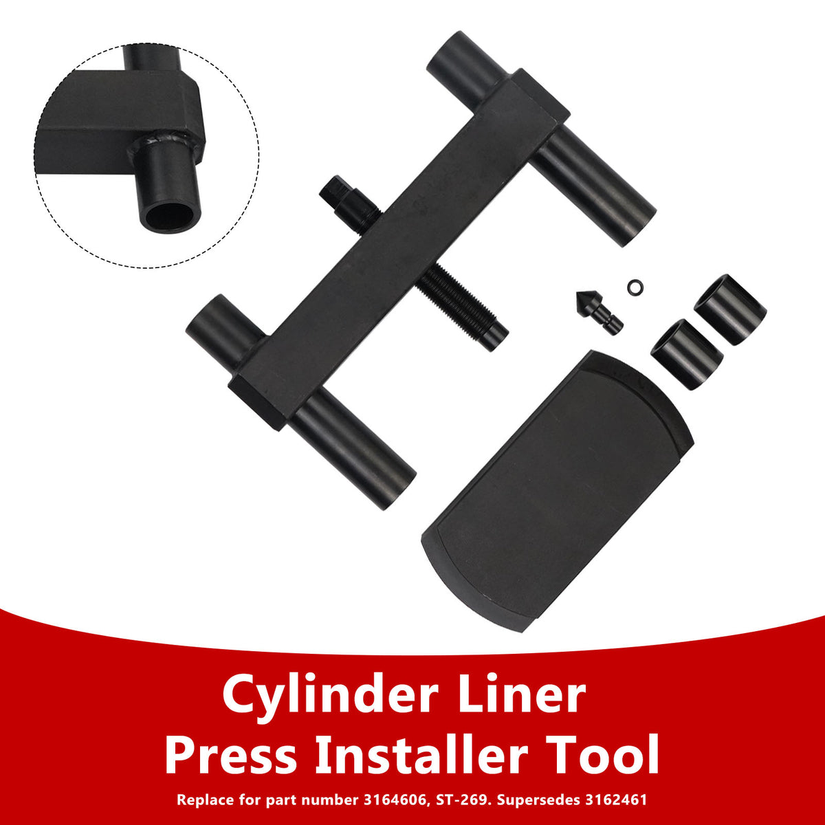 Cummins ISX, X15 Liner Press works on flat-top and grooved-top liners. Cylinder Liner Press Installer Tool 3162461 ST-269 Generic