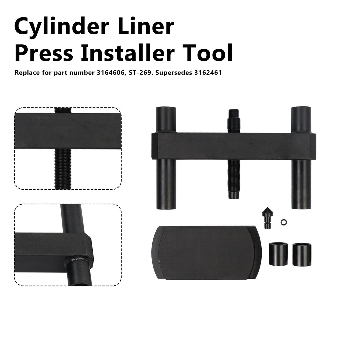 Cummins ISX, X15 Liner Press works on flat-top and grooved-top liners. Cylinder Liner Press Installer Tool 3162461 ST-269 Generic