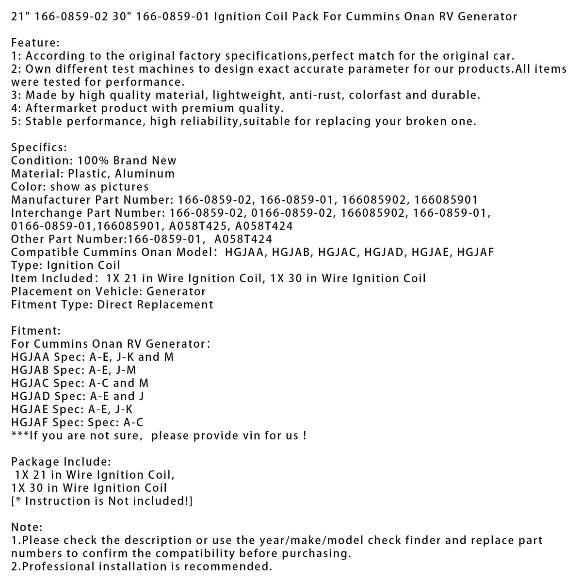 Cummins Onan RV Generator HGJAF Spec:Spec:A-C 21" 30" Ignition Coil Pack A058T425 166-0859-01 Generic