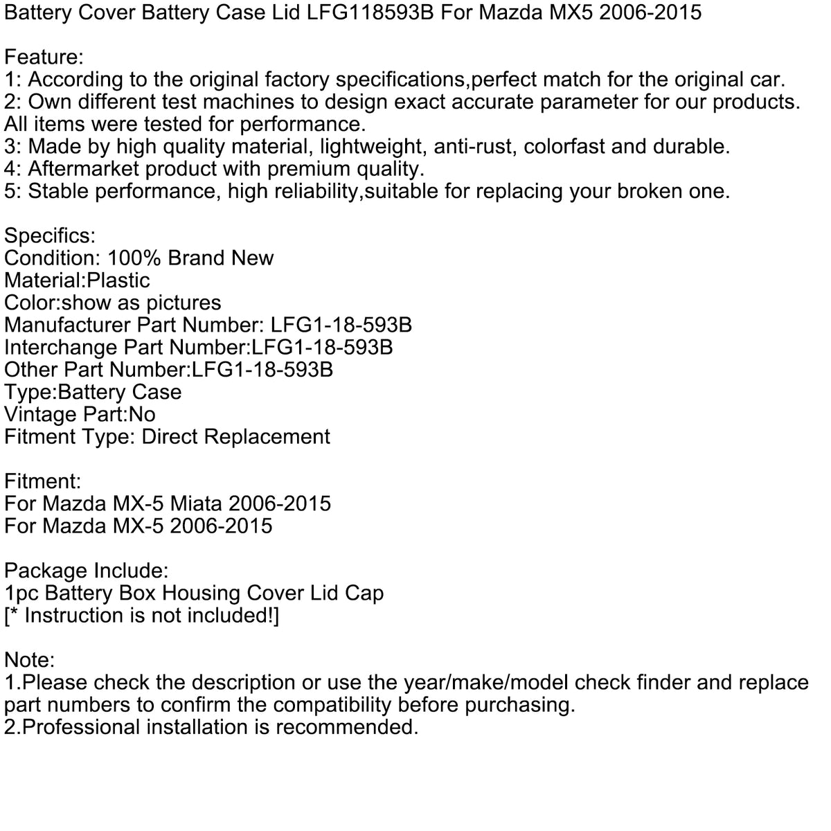 2006-2015 Mazda MX-5 Miata Battery Cover Battery Case Lid LFG118593B LFG1-18-593B Generic