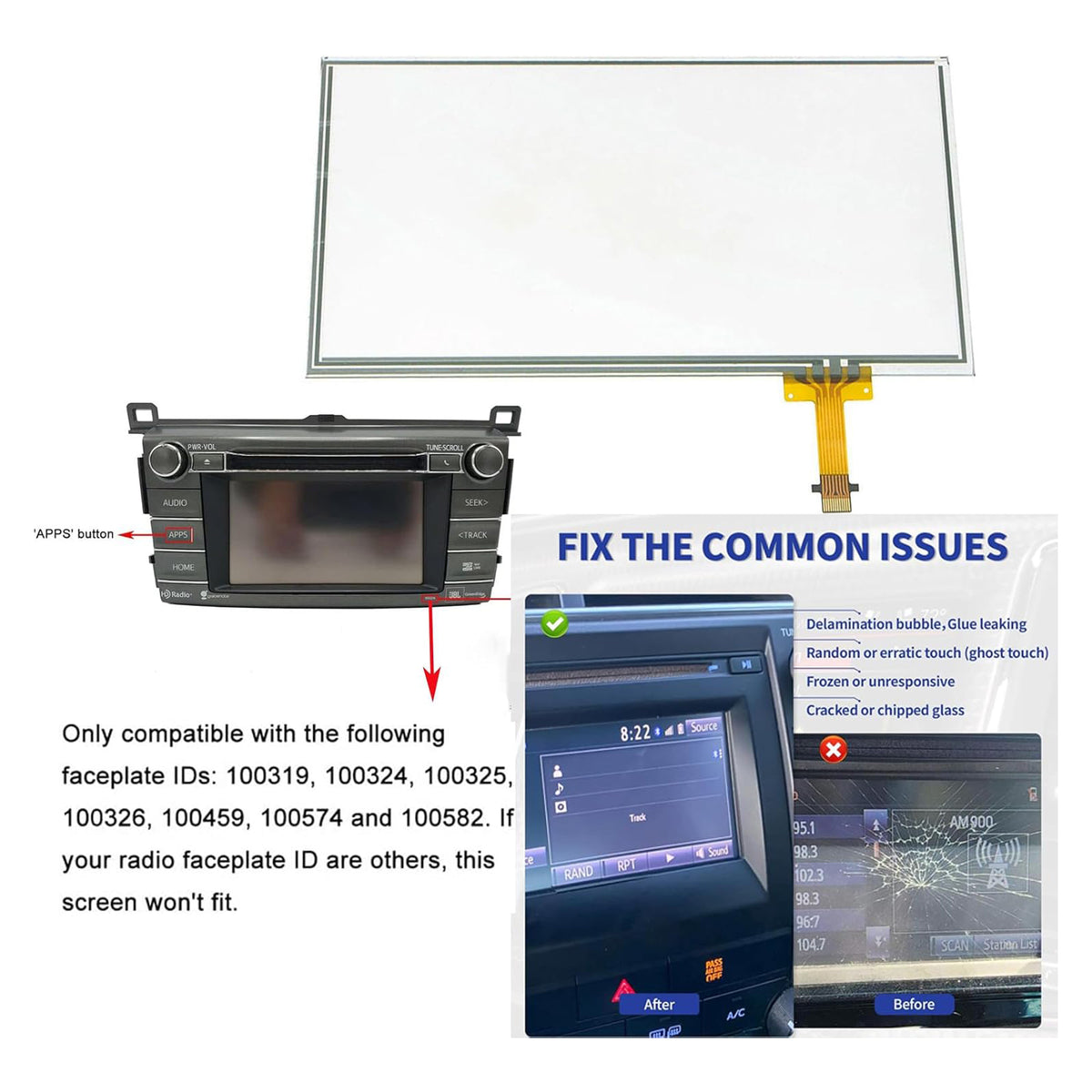 2014-2018 Toyota RAV4 radio with 'APPS' button on the left side, but not Touch Screen Digitizer Glass 6.1 inch 12 Pins 100325 100582 Generic